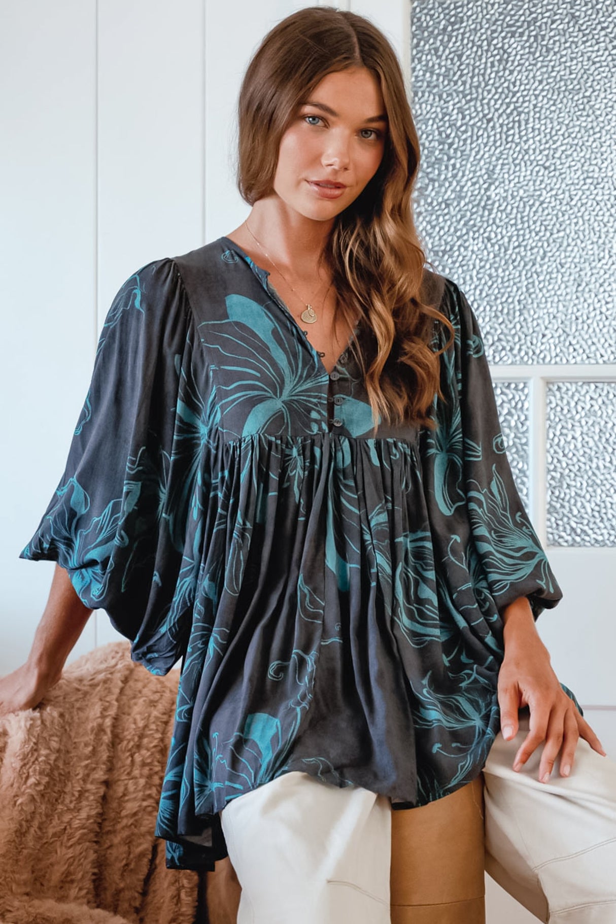 JAASE - Paloma Blouse: V Neckline Smock Top with Billowy Sleeves in Midnight Lilly Print