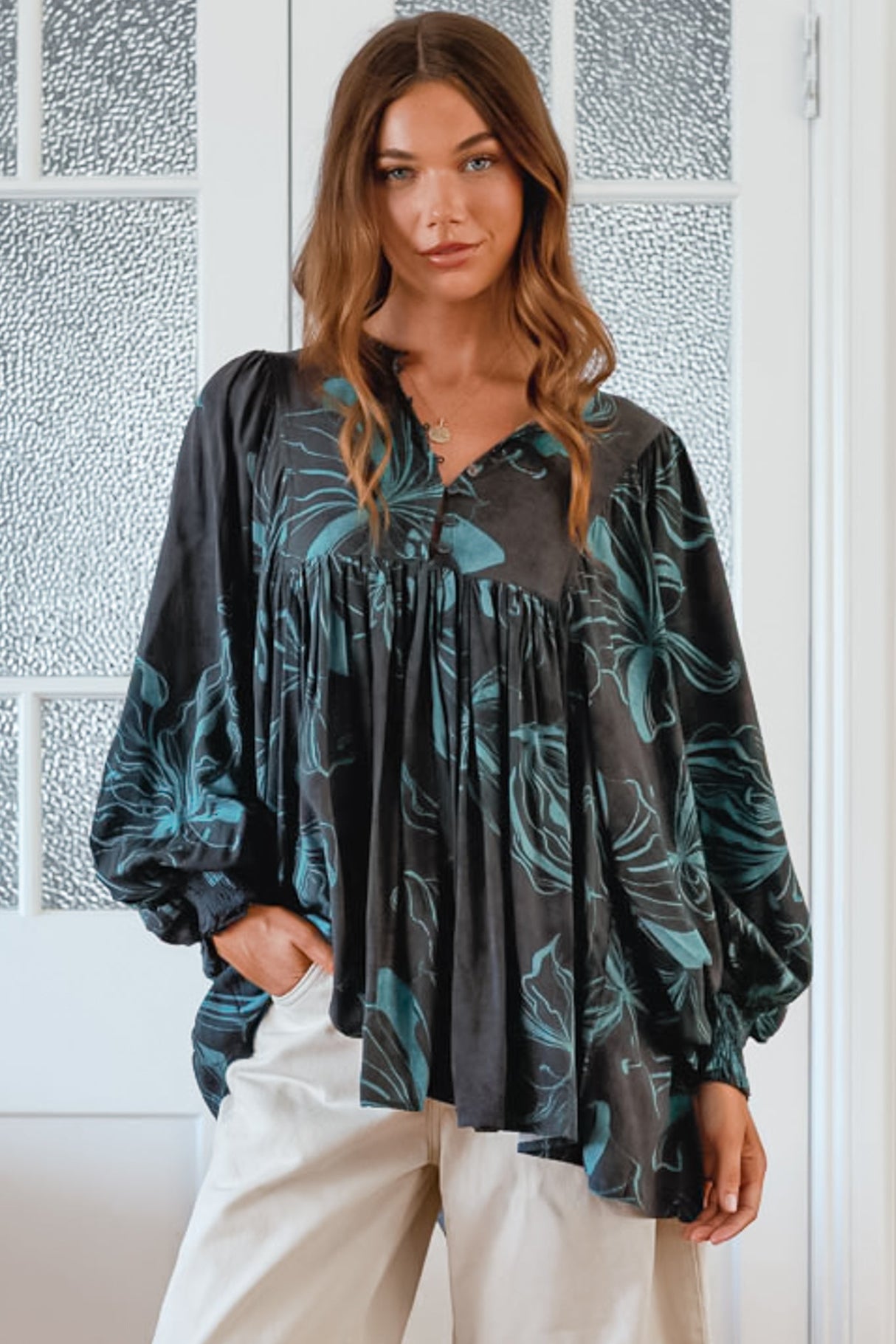 JAASE - Paloma Blouse: V Neckline Smock Top with Billowy Sleeves in Midnight Lilly Print
