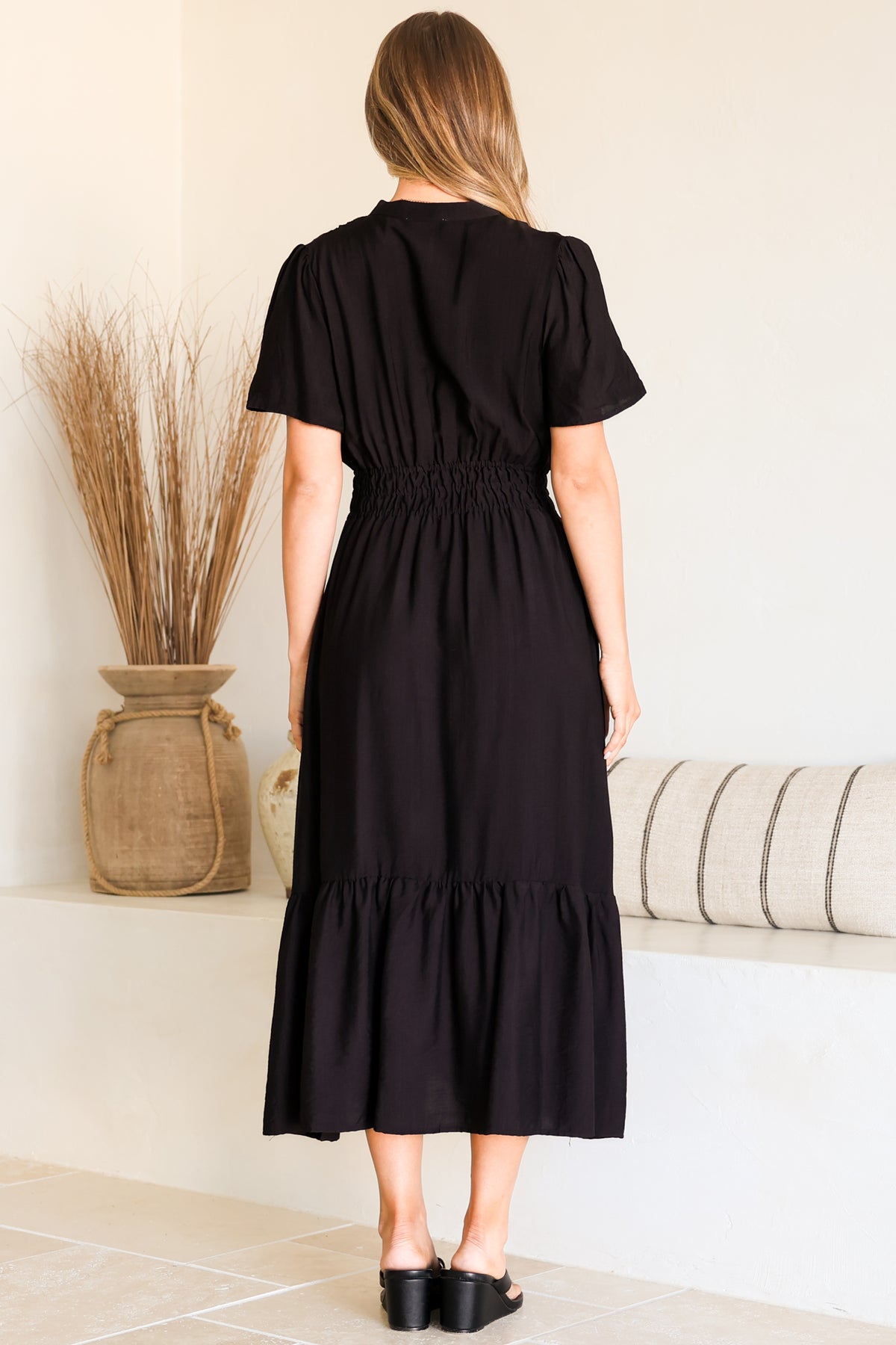 Paloma Midi Dress - Mandarin Split Collar A Line Button Down with Cap Sleeves in Black