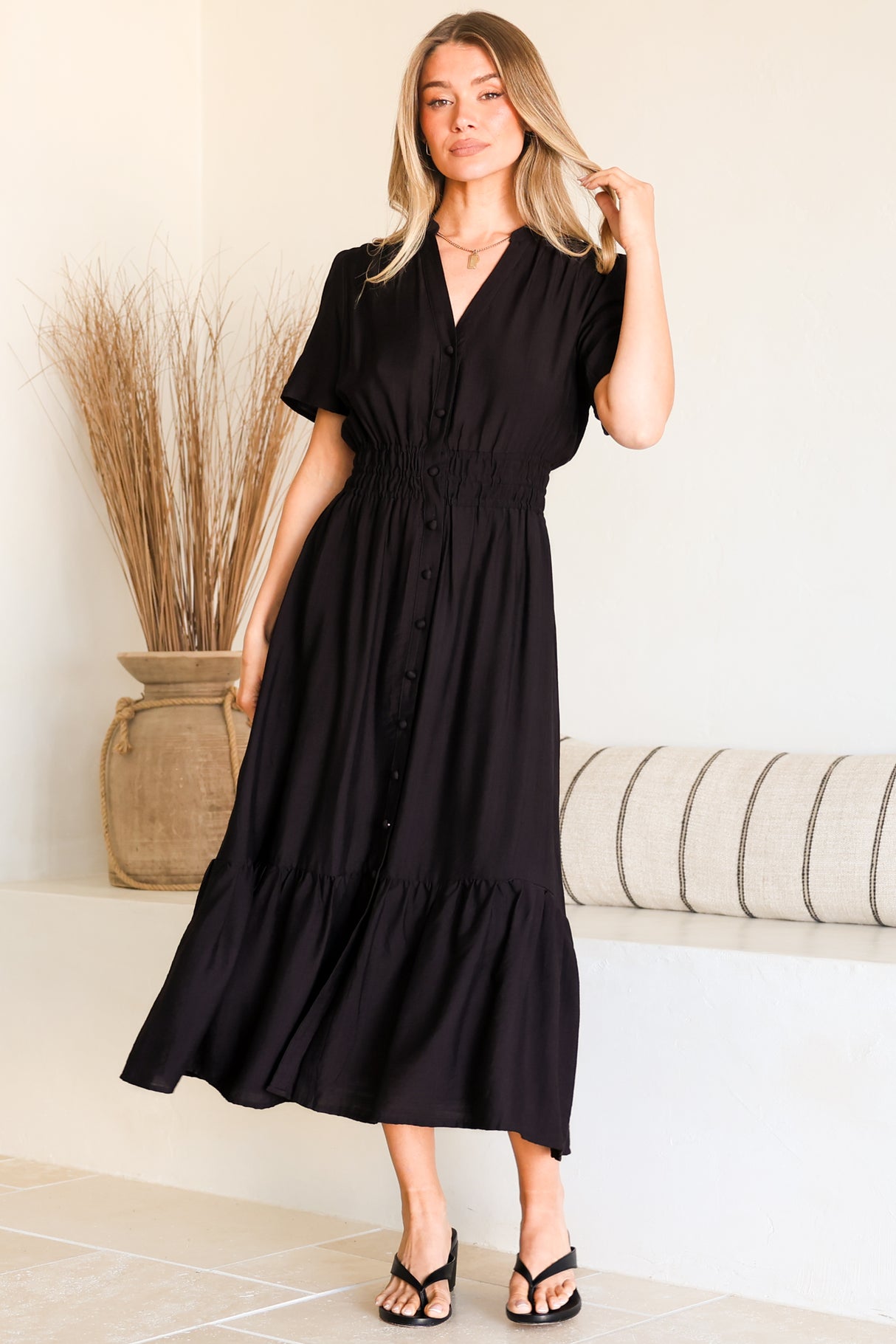 Paloma Midi Dress - Mandarin Split Collar A Line Button Down with Cap Sleeves in Black