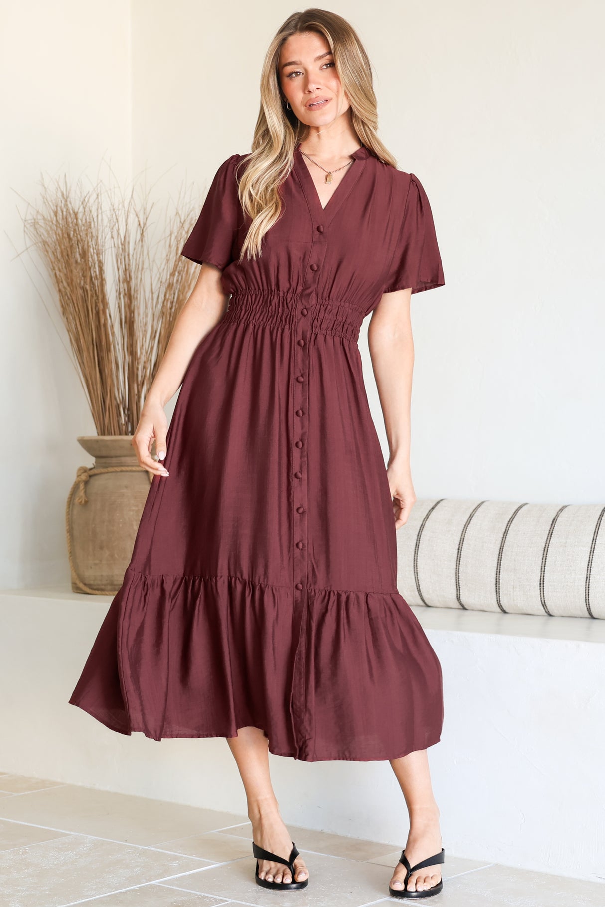 Paloma Midi Dress - Mandarin Split Collar A Line Button Down with Cap Sleeves in Wine