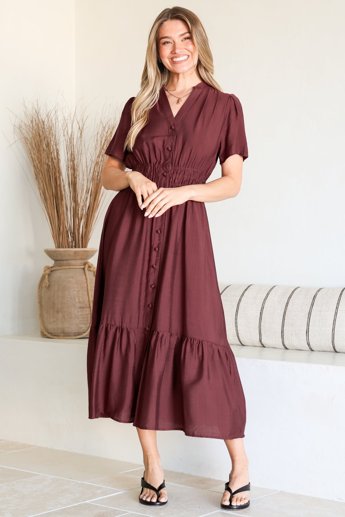 Paloma Midi Dress - Mandarin Split Collar A Line Button Down with Cap Sleeves in Wine