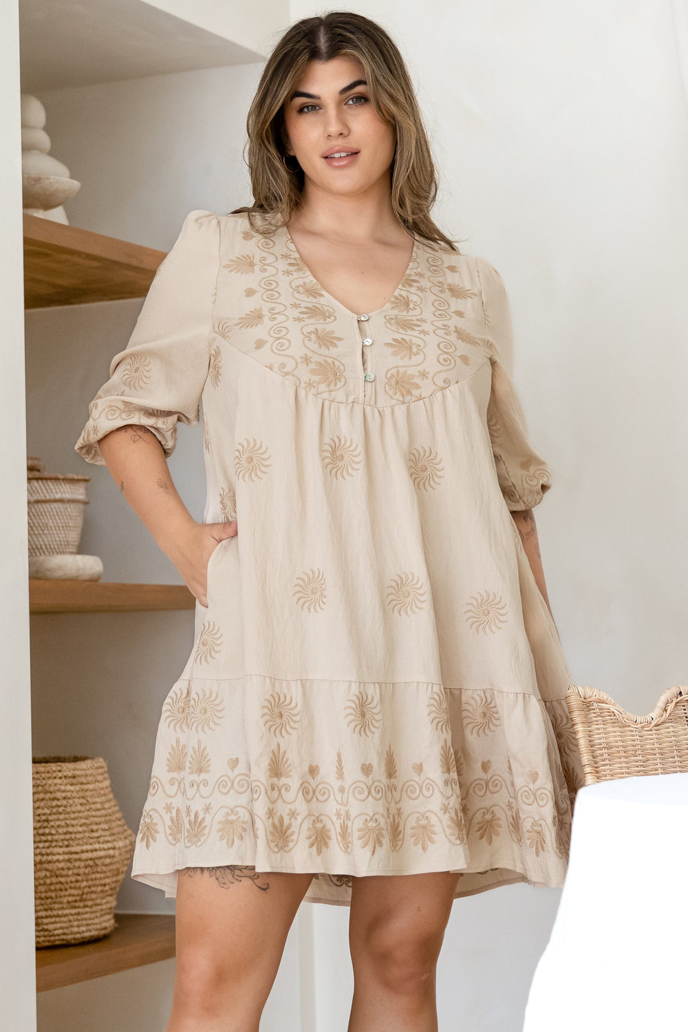 Patty Mini Dress - V-Neck Embroidered Babydoll Dress with 3/4 Sleeves in Solsana Print Beige