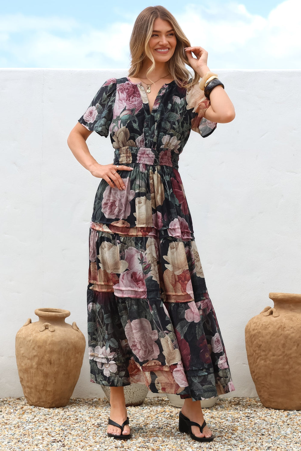 Payton Maxi Dress - Pleat Detailed A-Line Dress with Cap Flutter Sleeves in Annalisa Print
