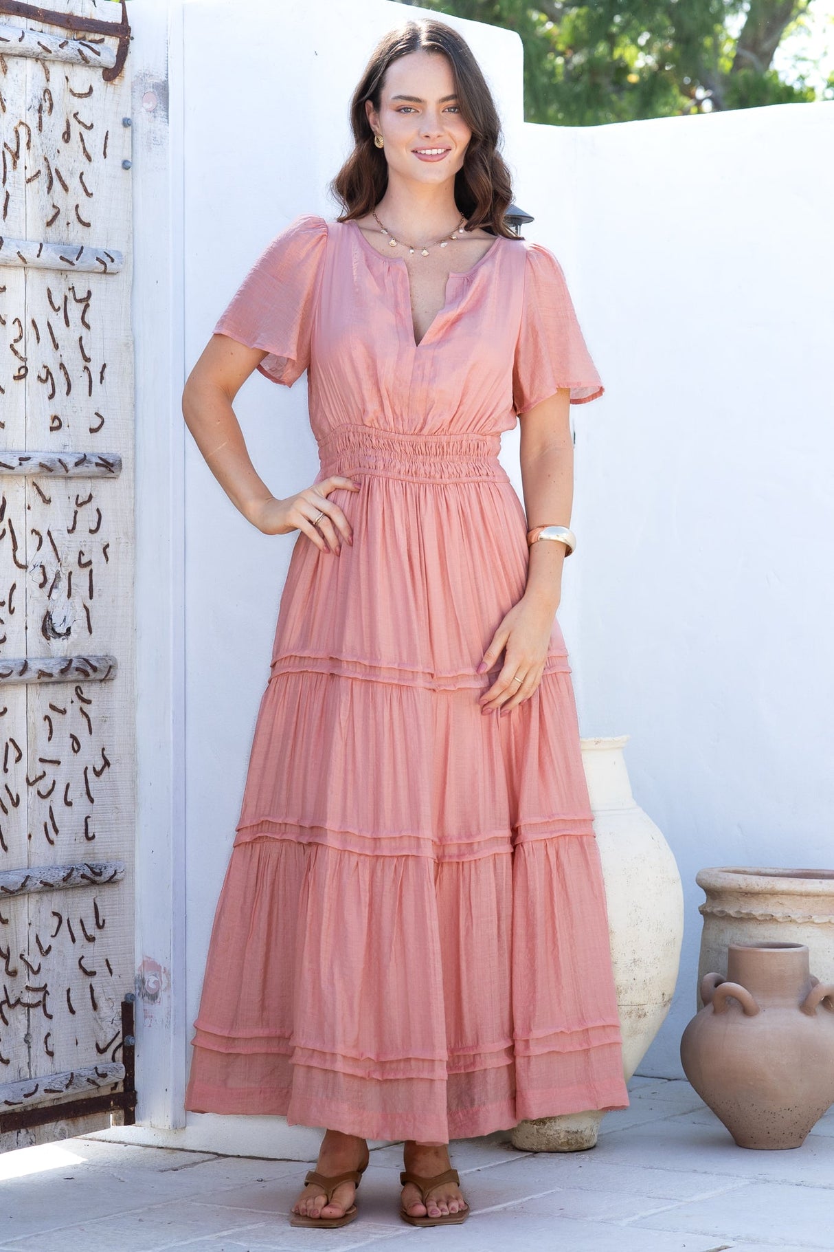 Payton Maxi Dress - Pleat Detailed A-Line Dress with Cap Flutter Sleeves in Blush