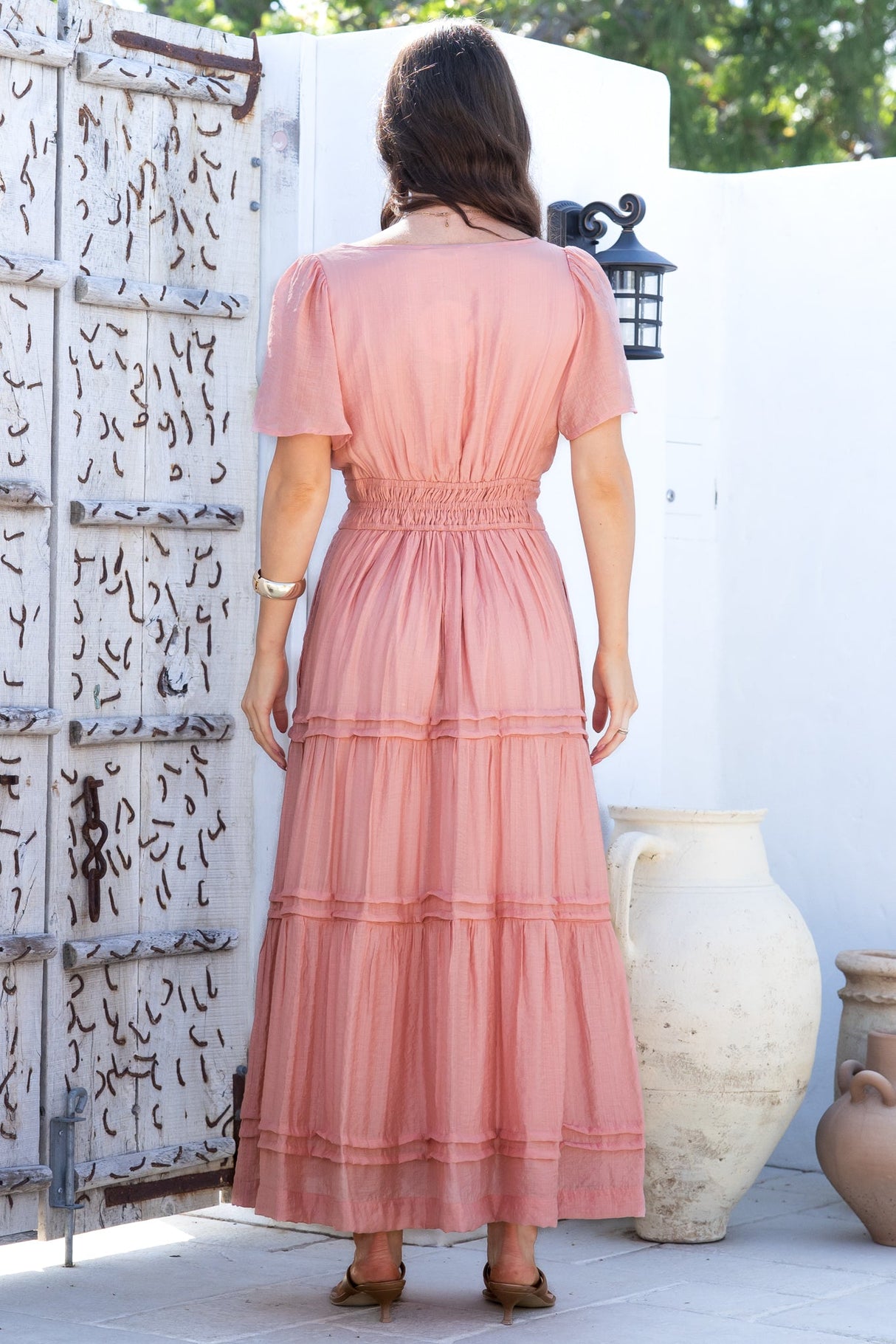 Payton Maxi Dress - Pleat Detailed A-Line Dress with Cap Flutter Sleeves in Blush