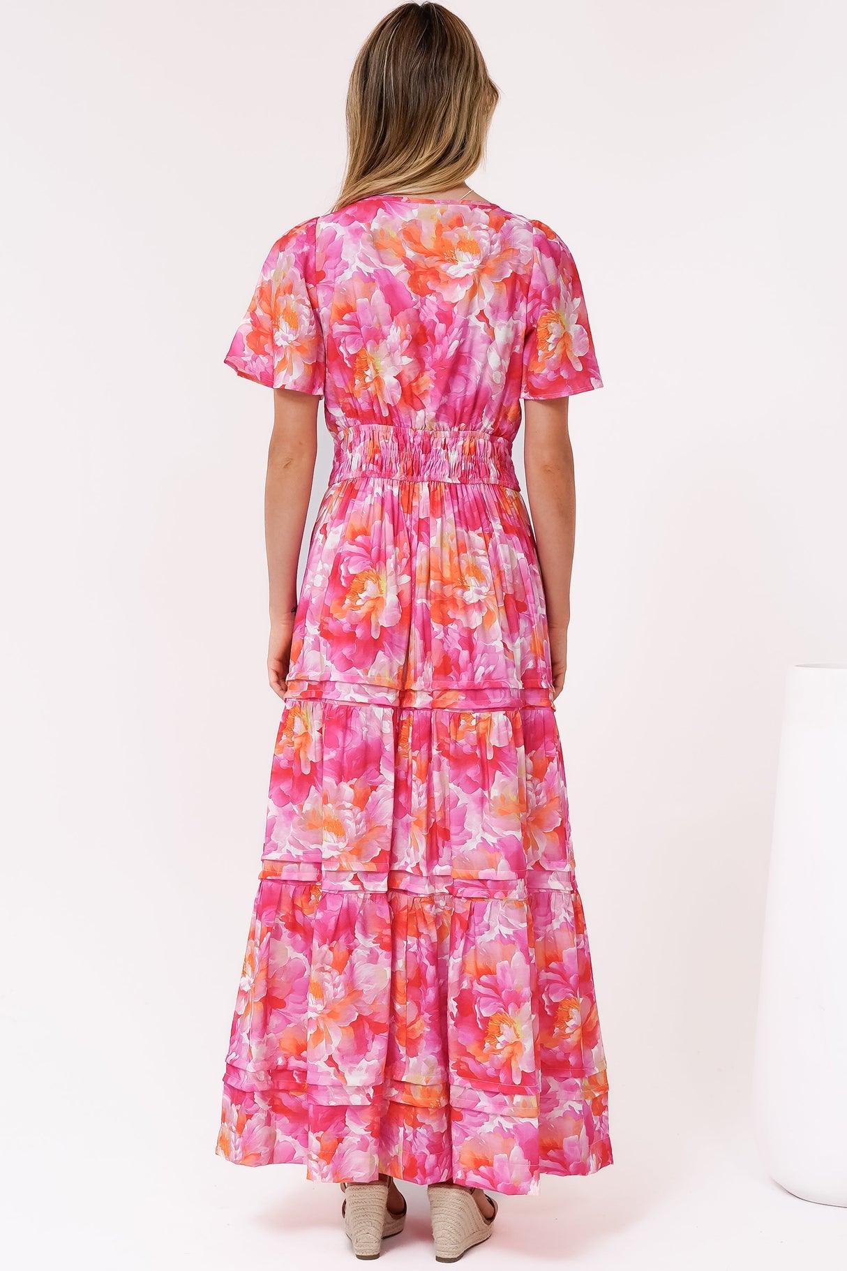 Payton Maxi Dress - Pleat Detailed A-Line Dress with Cap Flutter Sleeves in Florida Print Pink