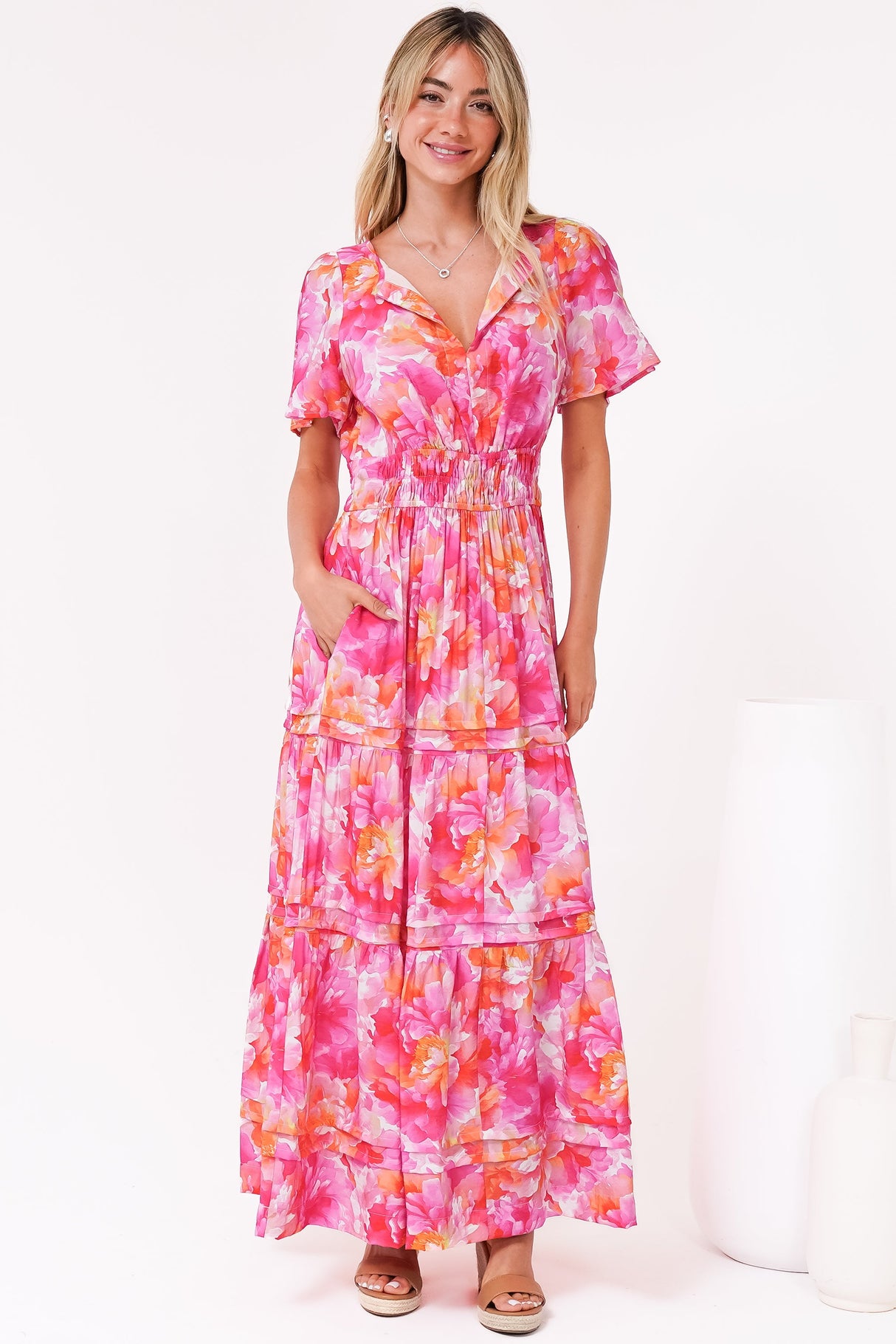 Payton Maxi Dress - Pleat Detailed A-Line Dress with Cap Flutter Sleeves in Florida Print Pink