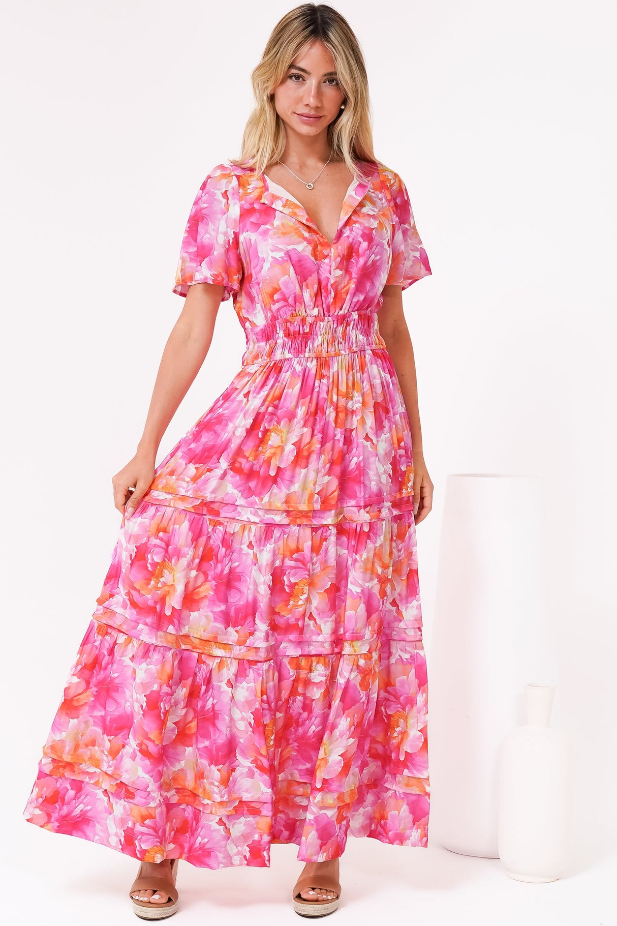 Payton Maxi Dress - Pleat Detailed A-Line Dress with Cap Flutter Sleeves in Florida Print Pink