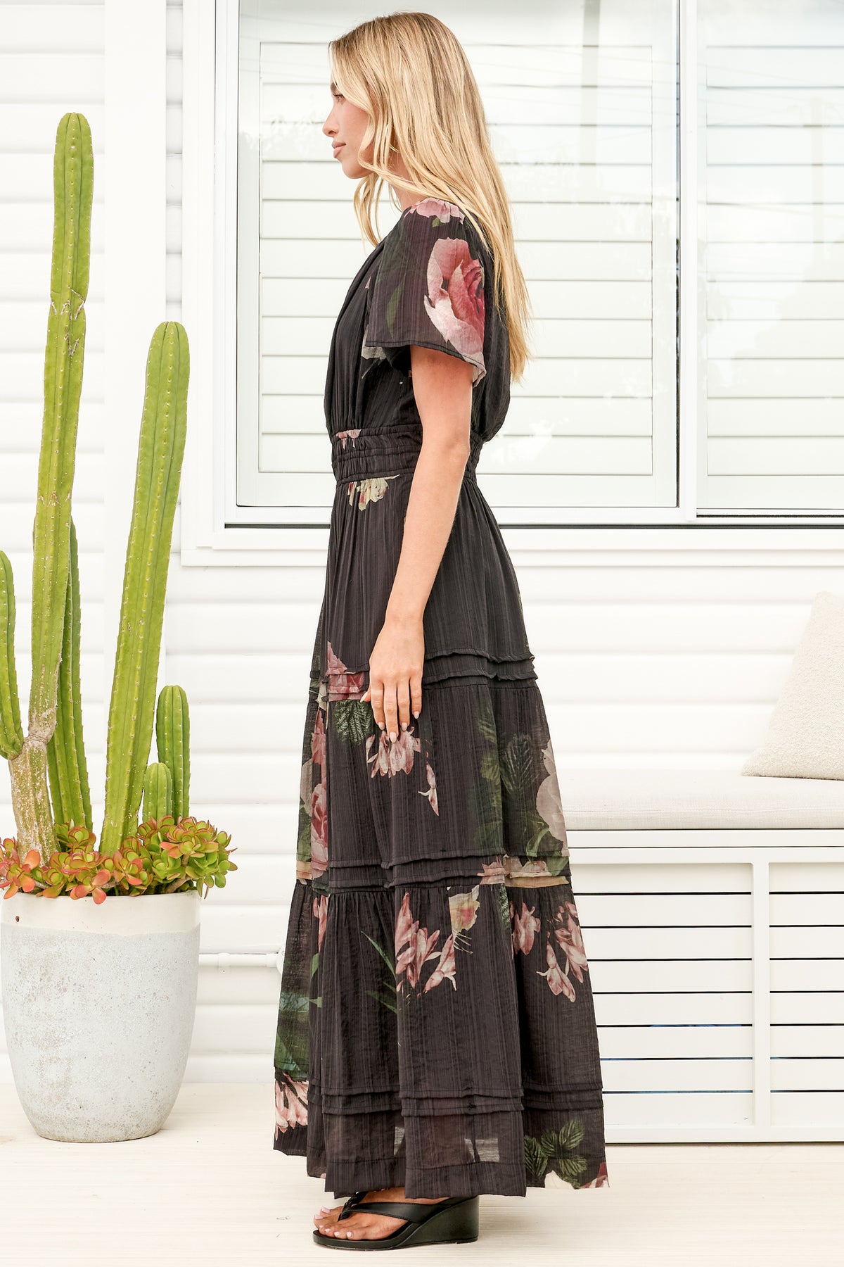 Payton Maxi Dress - Pleat Detailed A-Line Dress with Cap Flutter Sleeves in Mika Print
