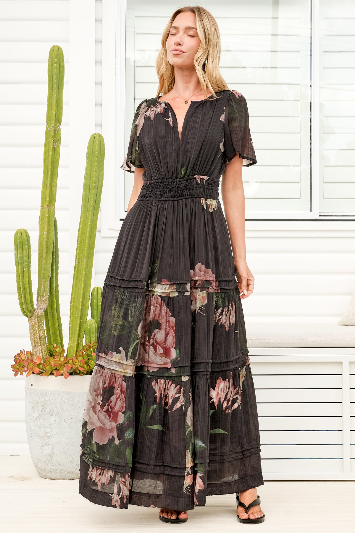 Payton Maxi Dress - Pleat Detailed A-Line Dress with Cap Flutter Sleeves in Mika Print