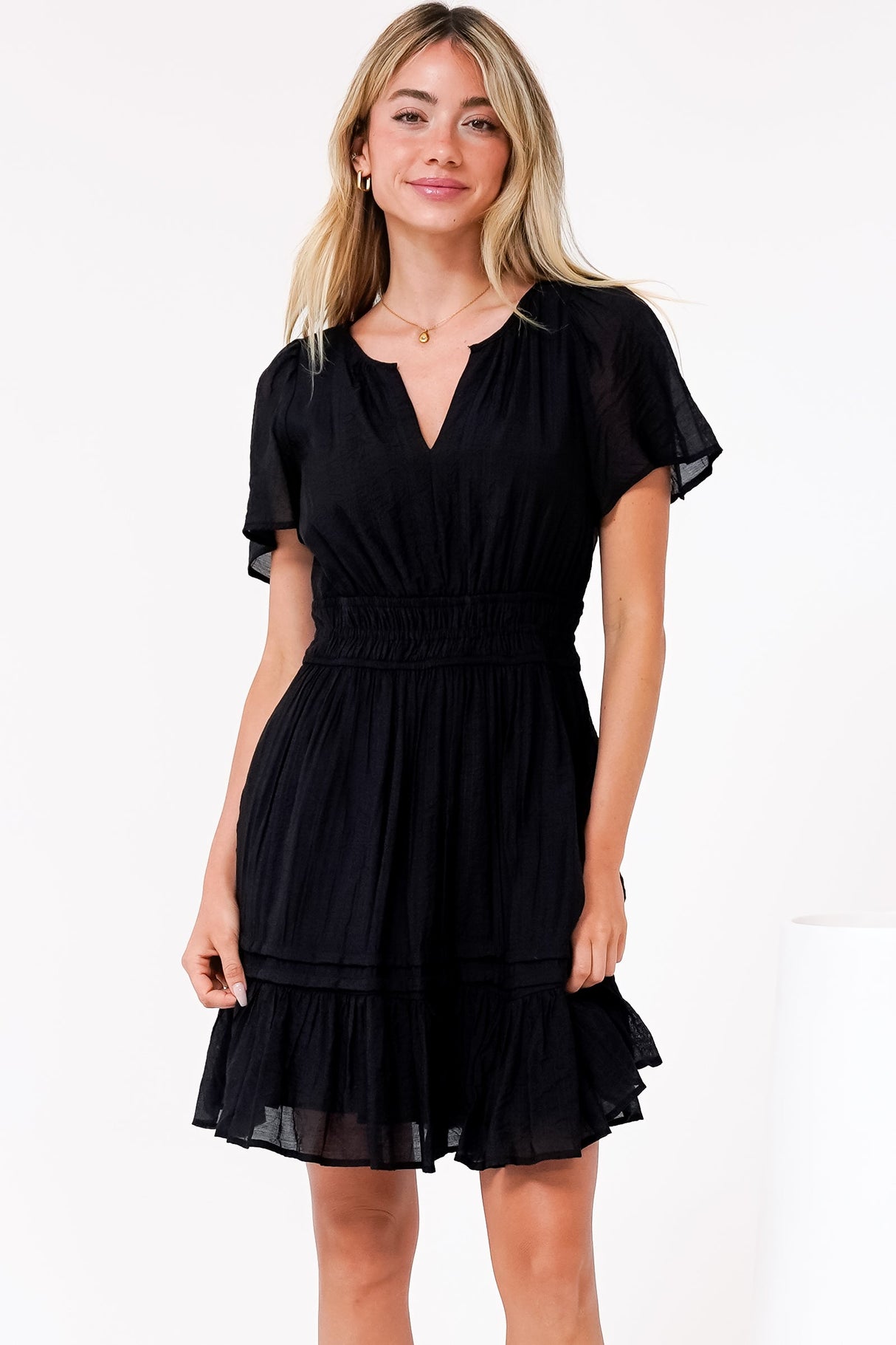 Payton Mini Dress - Pleat Detailed A-Line Dress with Cap Flutter Sleeves in Black
