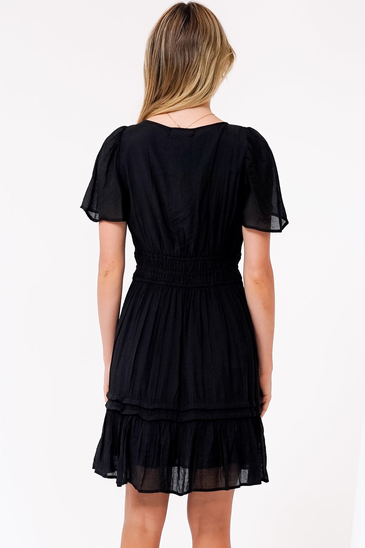 Payton Mini Dress - Pleat Detailed A-Line Dress with Cap Flutter Sleeves in Black