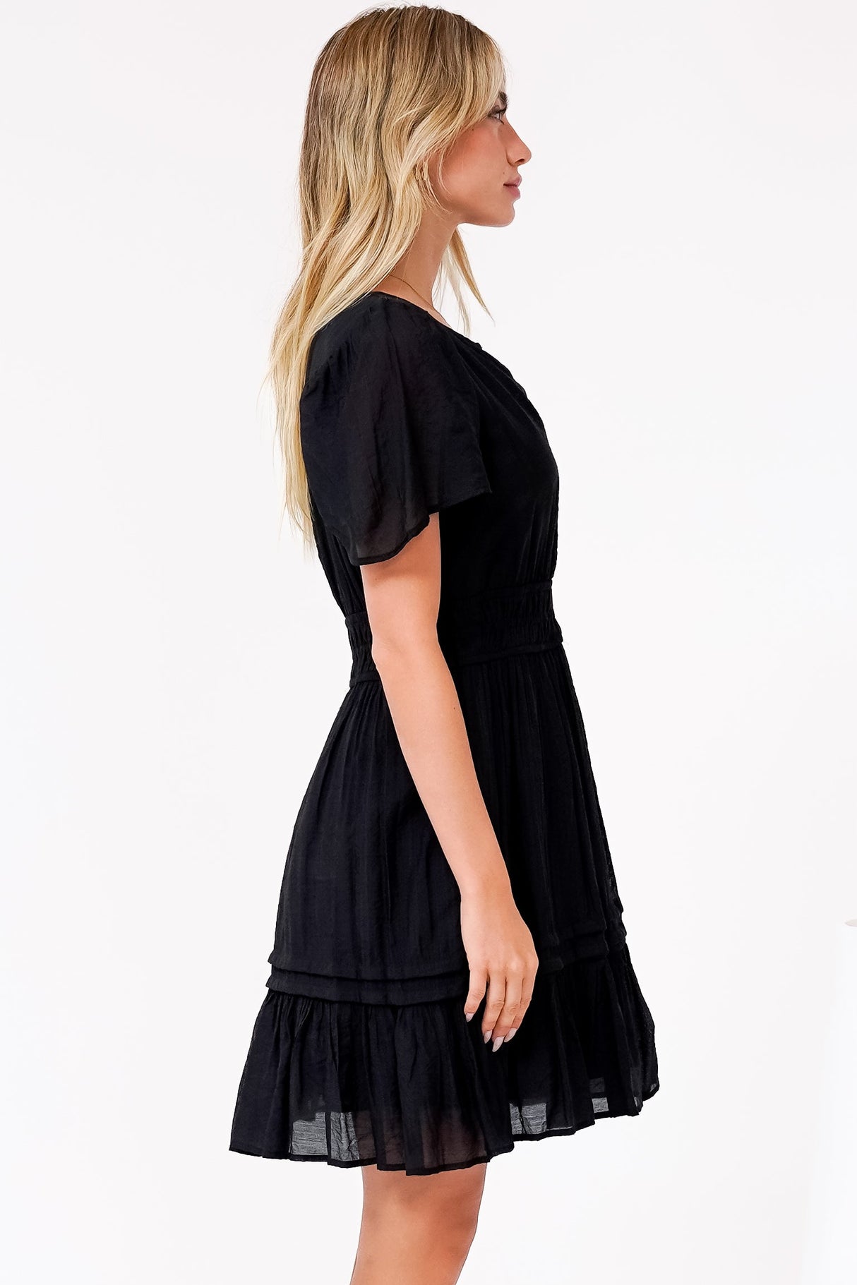 Payton Mini Dress - Pleat Detailed A-Line Dress with Cap Flutter Sleeves in Black