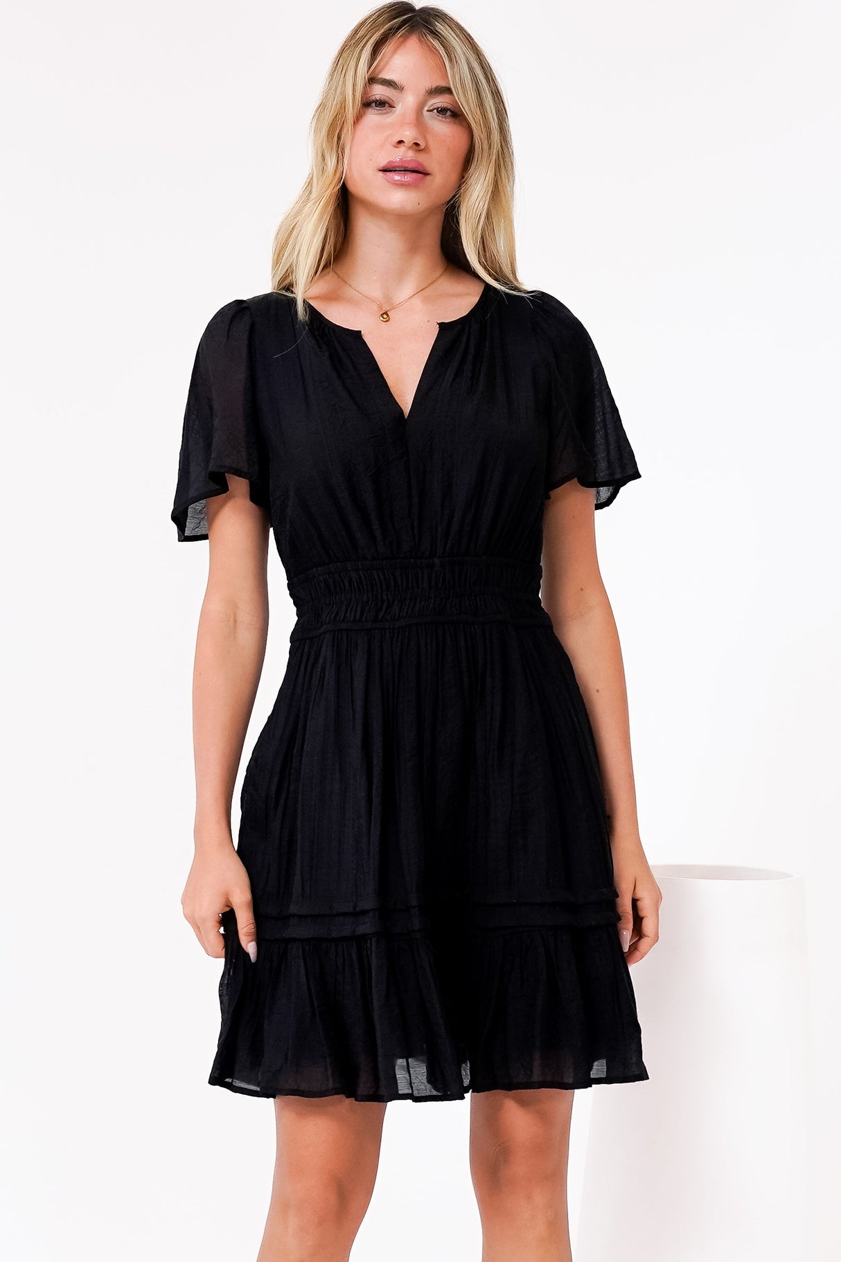 Payton Mini Dress - Pleat Detailed A-Line Dress with Cap Flutter Sleeves in Black
