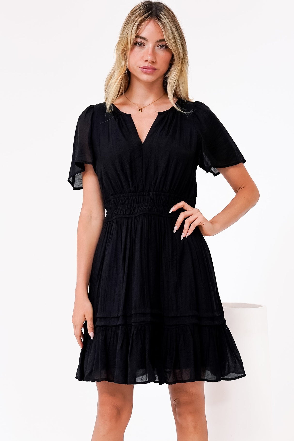 Payton Mini Dress - Pleat Detailed A-Line Dress with Cap Flutter Sleeves in Black