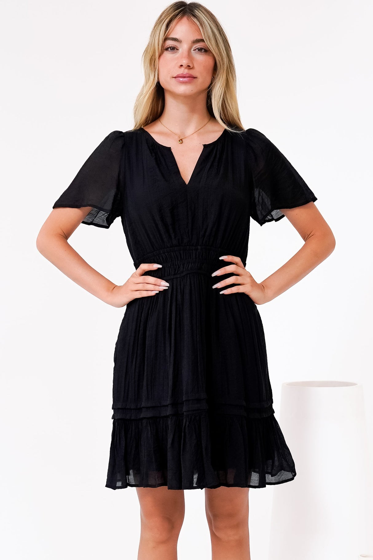Payton Mini Dress - Pleat Detailed A-Line Dress with Cap Flutter Sleeves in Black