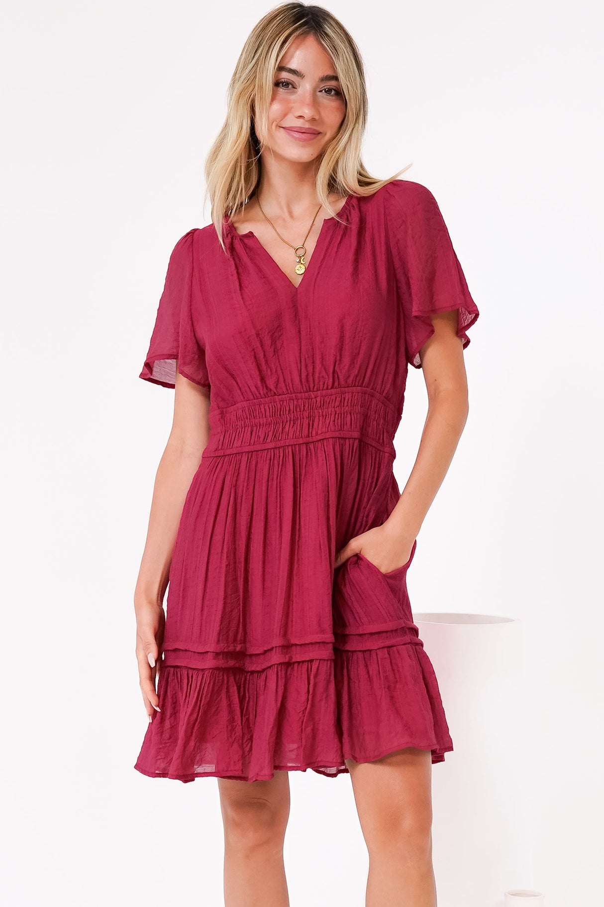 Payton Mini Dress - Pleat Detailed A-Line Dress with Cap Flutter Sleeves in Cherry Red