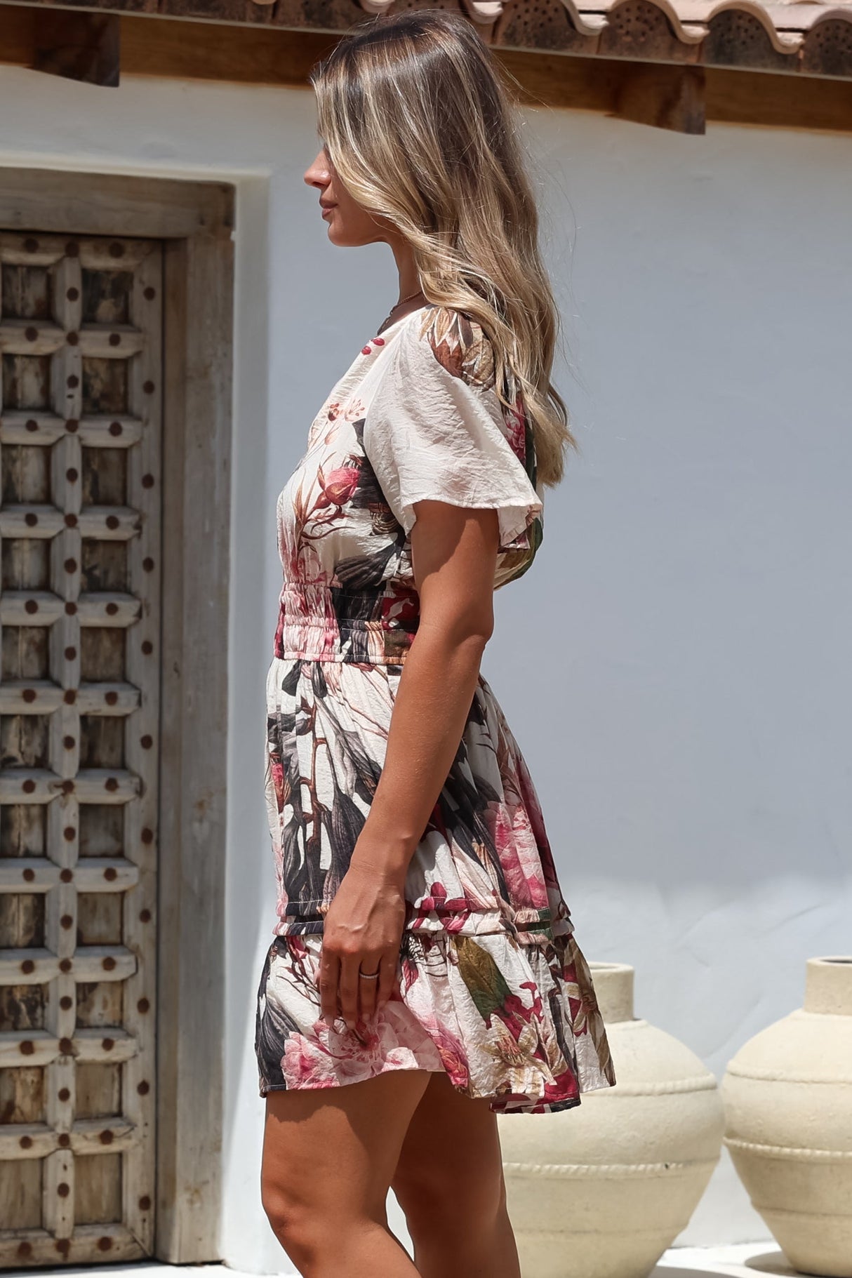 Payton Mini Dress - Pleat Detailed A-Line Dress with Cap Flutter Sleeves in Leonor Print