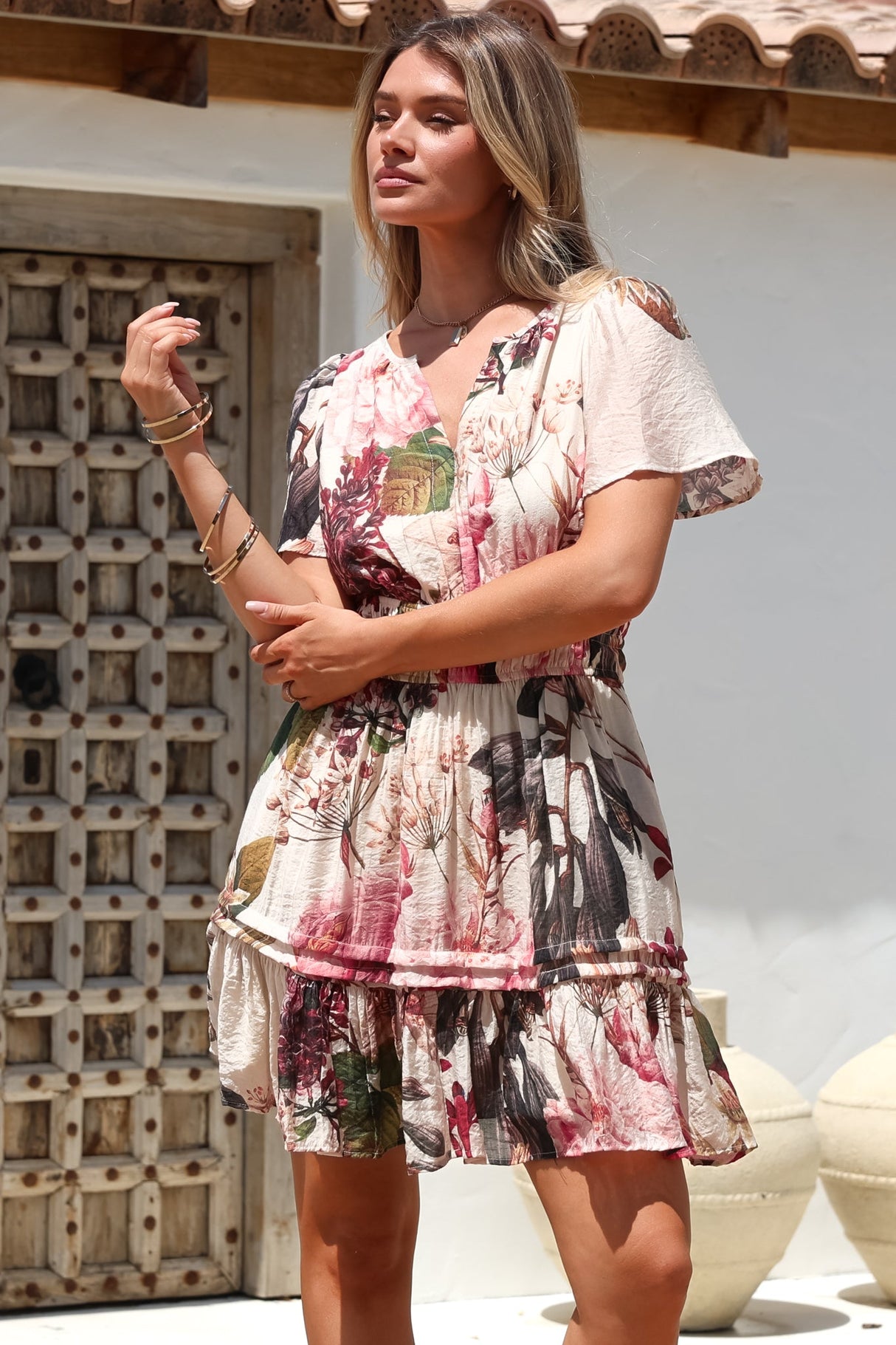 Payton Mini Dress - Pleat Detailed A-Line Dress with Cap Flutter Sleeves in Leonor Print