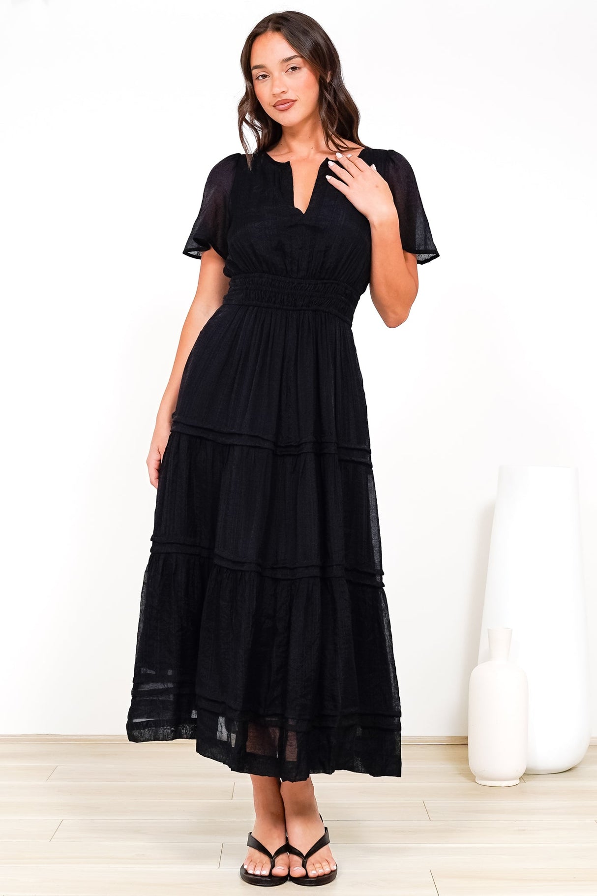 Payton Maxi Dress - Pleat Detailed A-Line Dress with Cap Flutter Sleeves in Black