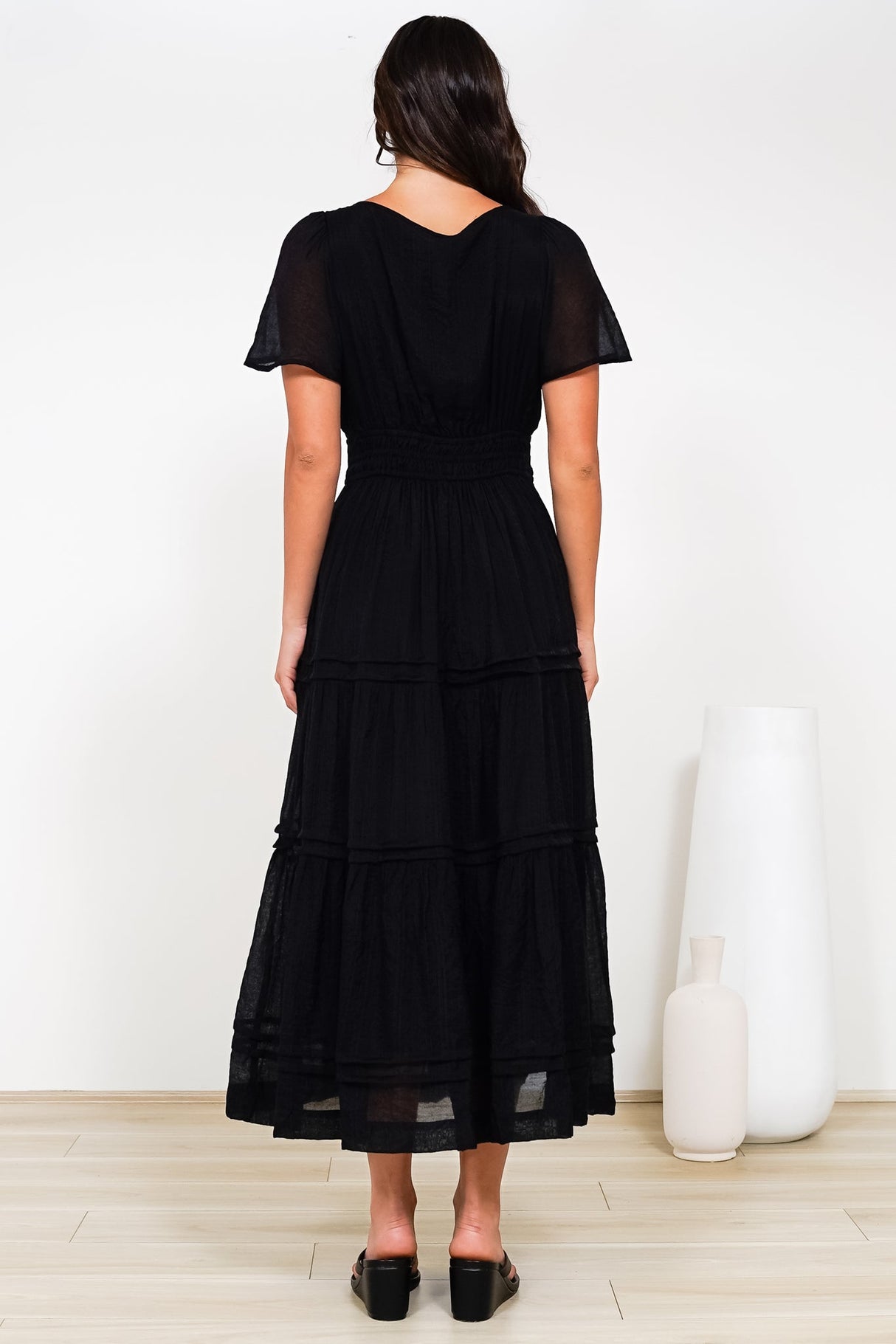 Payton Maxi Dress - Pleat Detailed A-Line Dress with Cap Flutter Sleeves in Black