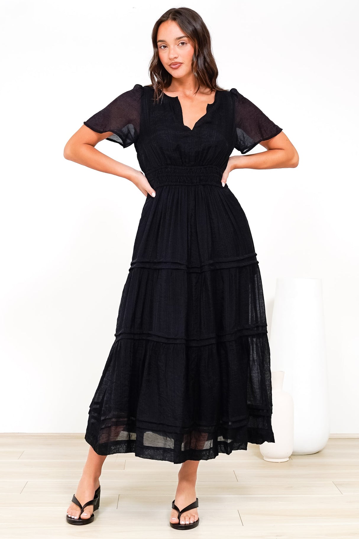 Payton Maxi Dress - Pleat Detailed A-Line Dress with Cap Flutter Sleeves in Black