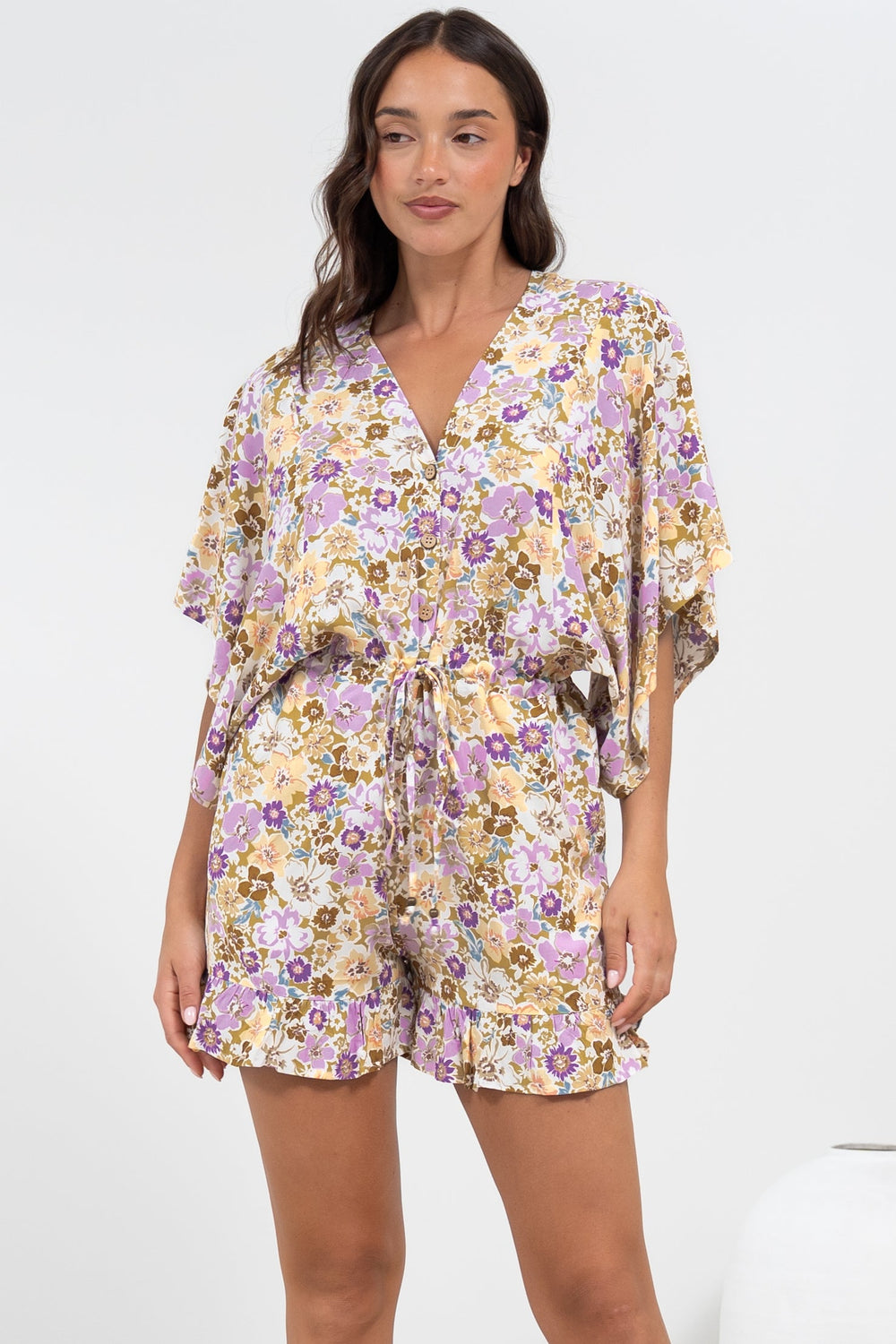 Peachy Playsuit - V-Neck Buttoned Bodice Kimono Sleeve Playsuit in Varia Print