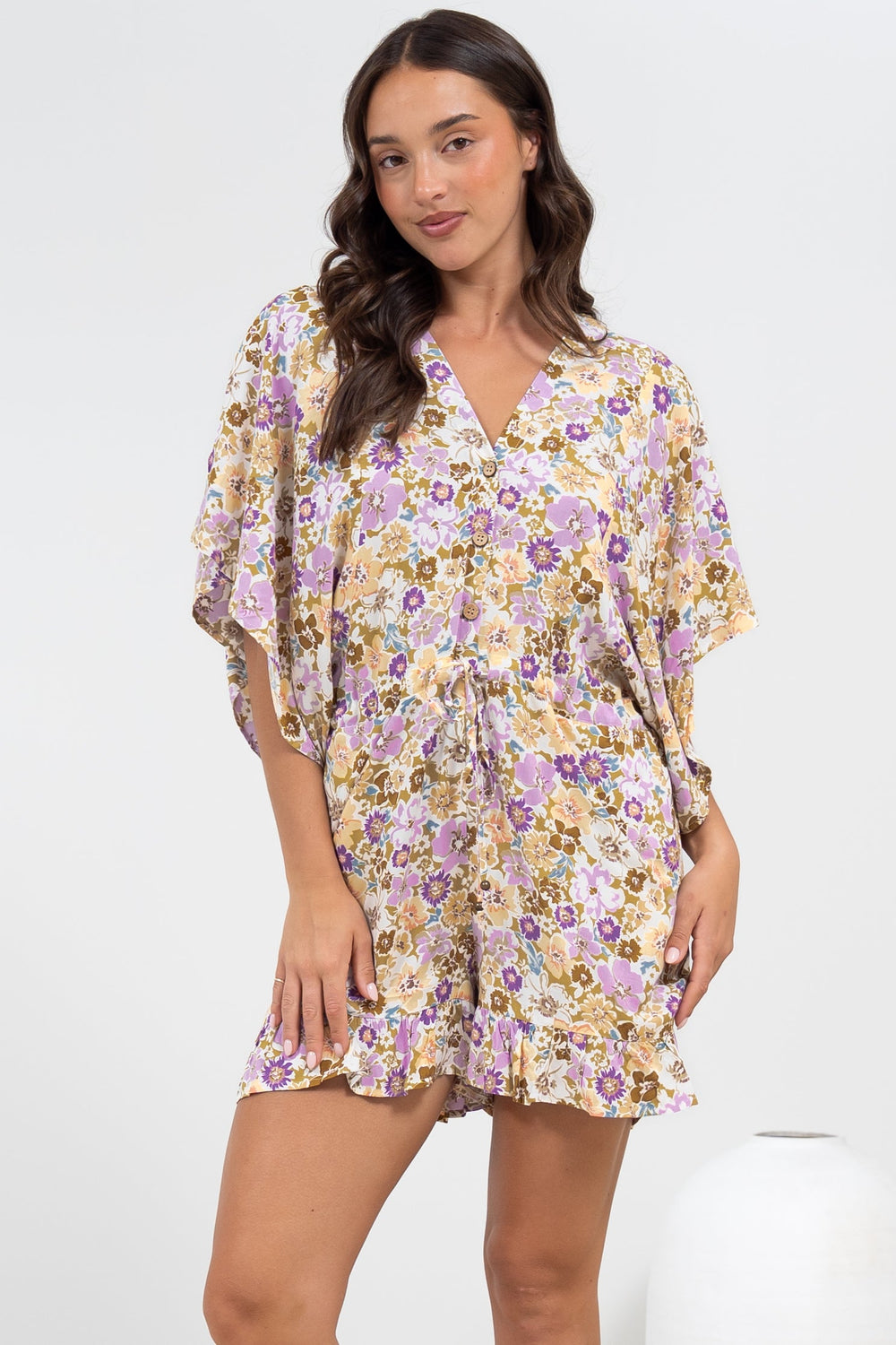 Peachy Playsuit - V-Neck Buttoned Bodice Kimono Sleeve Playsuit in Varia Print