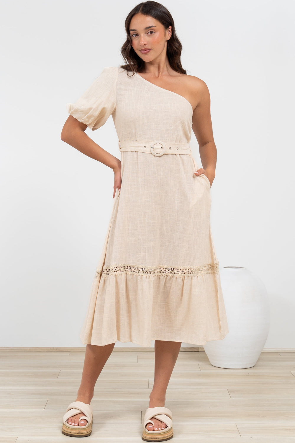 Penelope Midi Dress - Asymmetric One Shoulder Dress with Matching Belt in Oatmeal