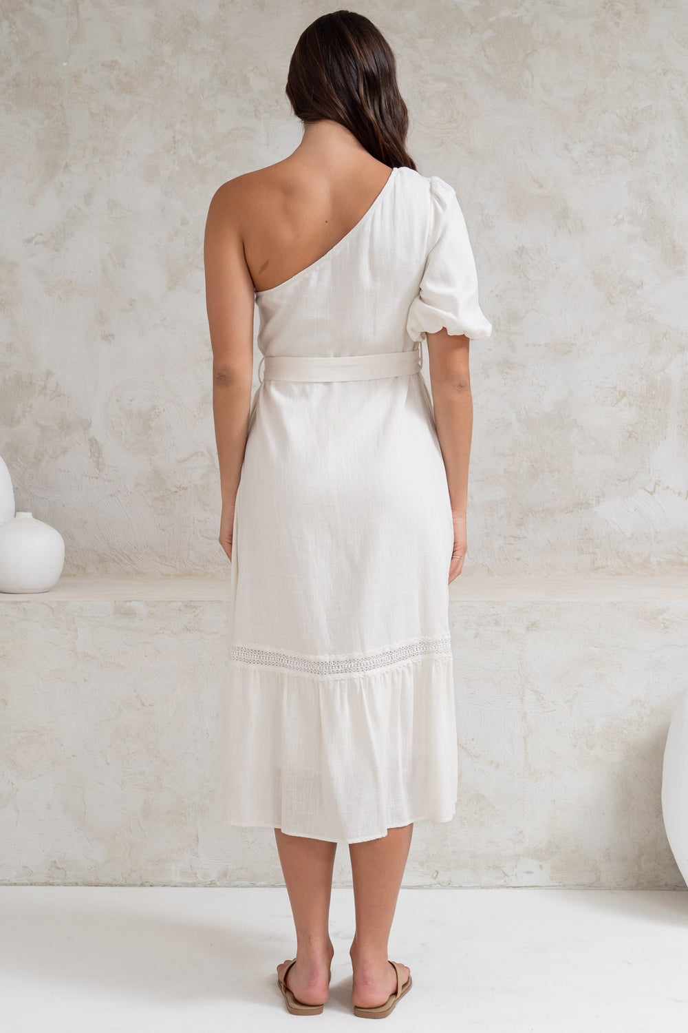 Penelope Midi Dress - Asymmetric One Shoulder Dress with Matching Belt in White