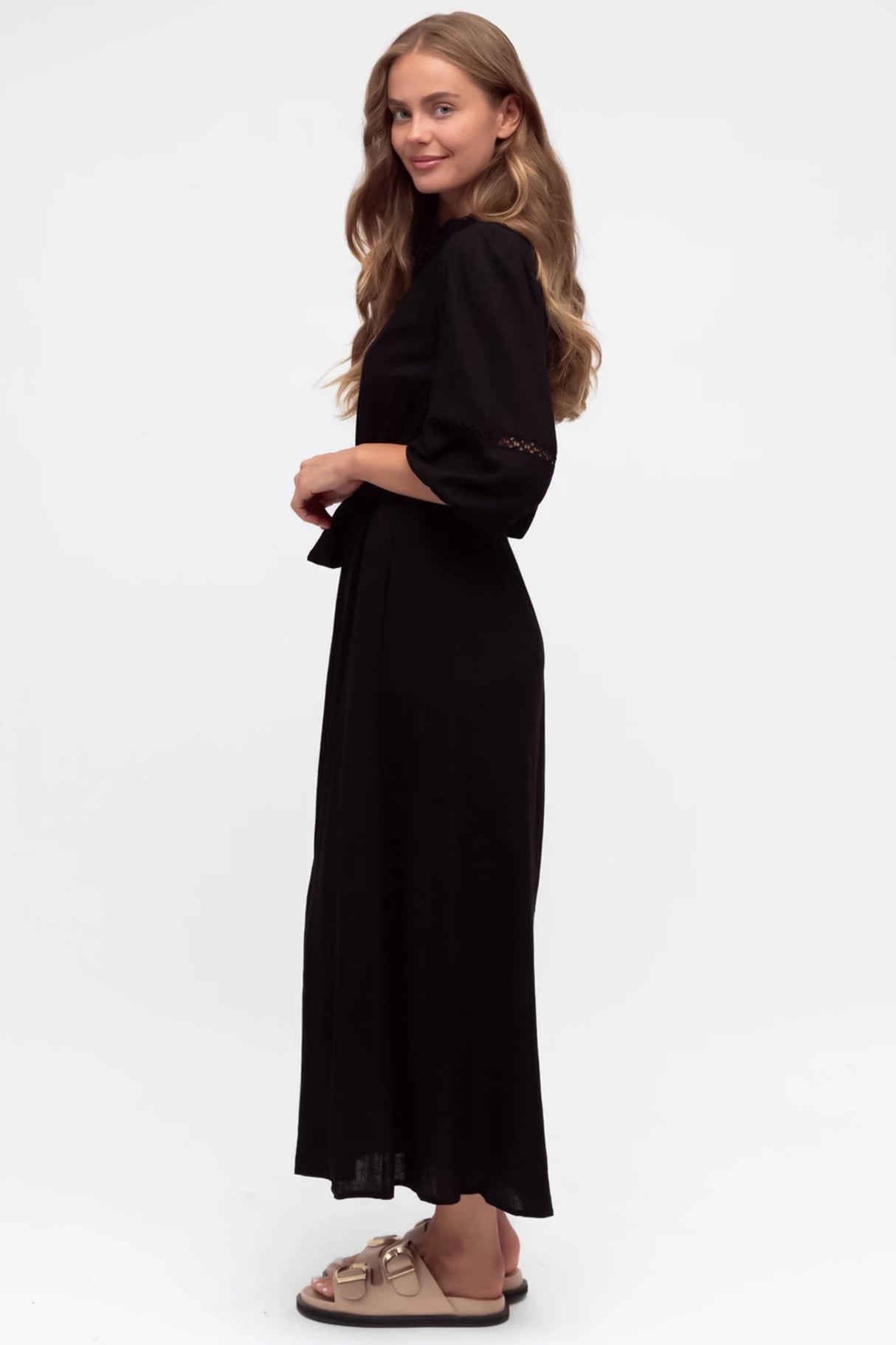Pennelope Midi Dress - Mandarin Collar Lattice Detailing Dress with Belt in Black