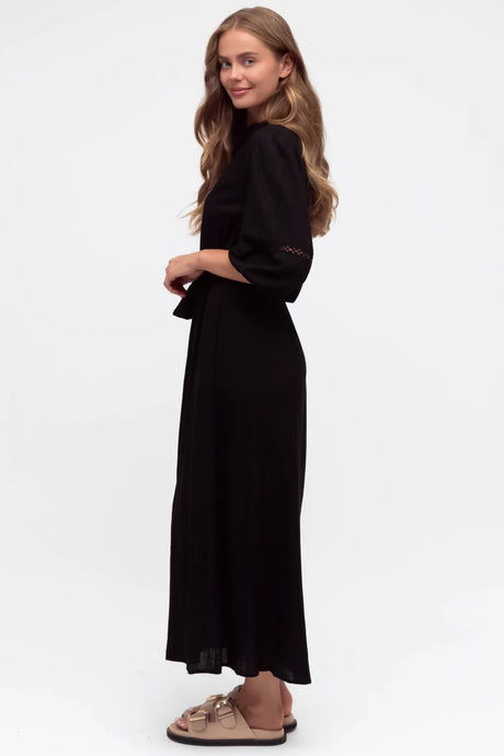 Pennelope Midi Dress - Mandarin Collar Lattice Detailing Dress with Belt in Black