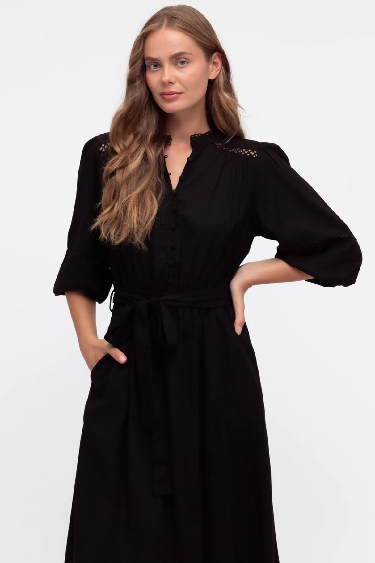 Pennelope Midi Dress - Mandarin Collar Lattice Detailing Dress with Belt in Black