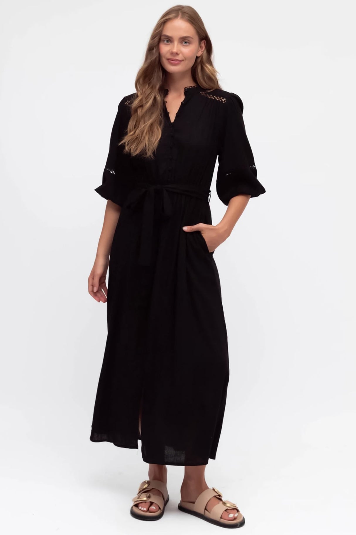 Pennelope Midi Dress - Mandarin Collar Lattice Detailing Dress with Belt in Black