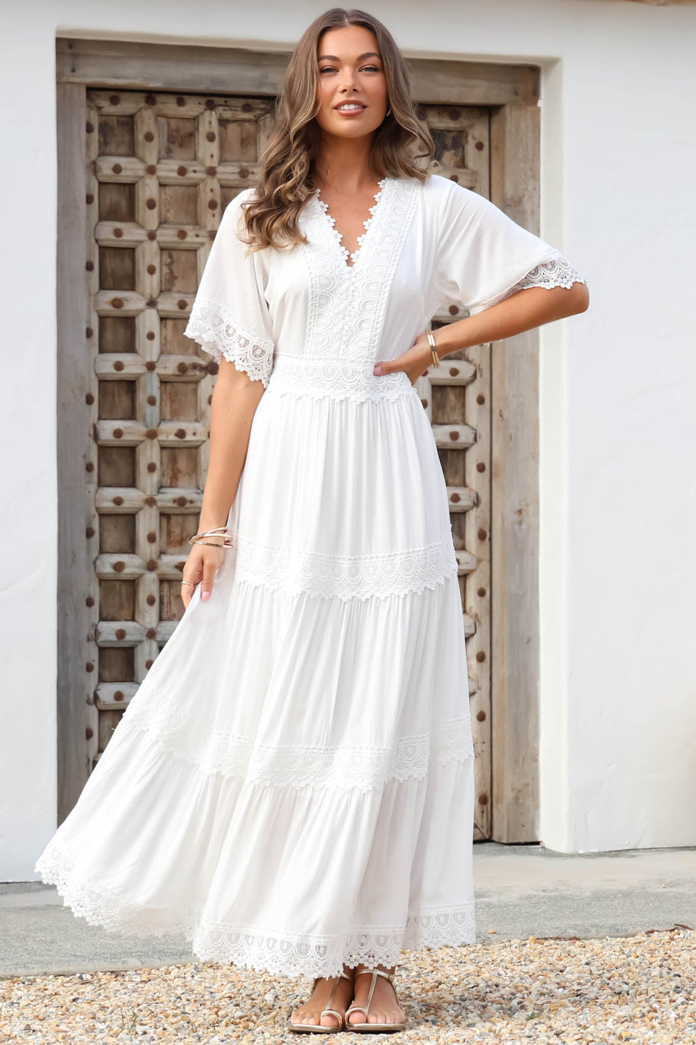 Peony Maxi Dress - Lace Detailed A Line Dress with Flute Sleeves in White