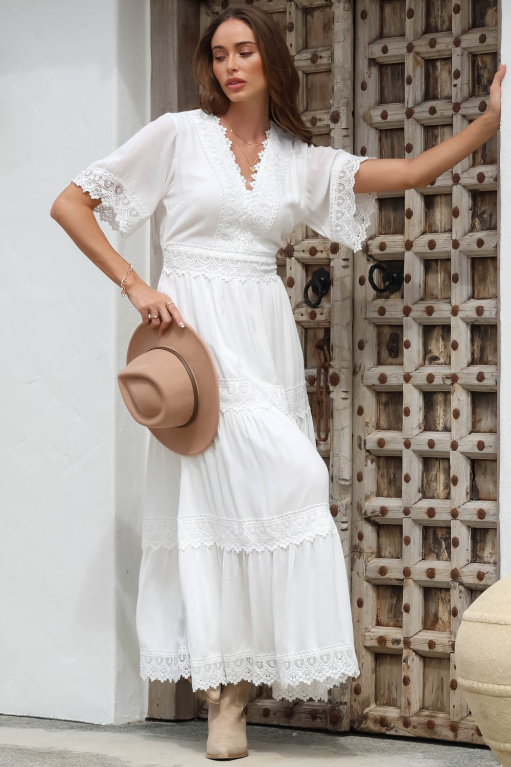 Peony Maxi Dress - Lace Detailed A Line Dress with Flute Sleeves in White