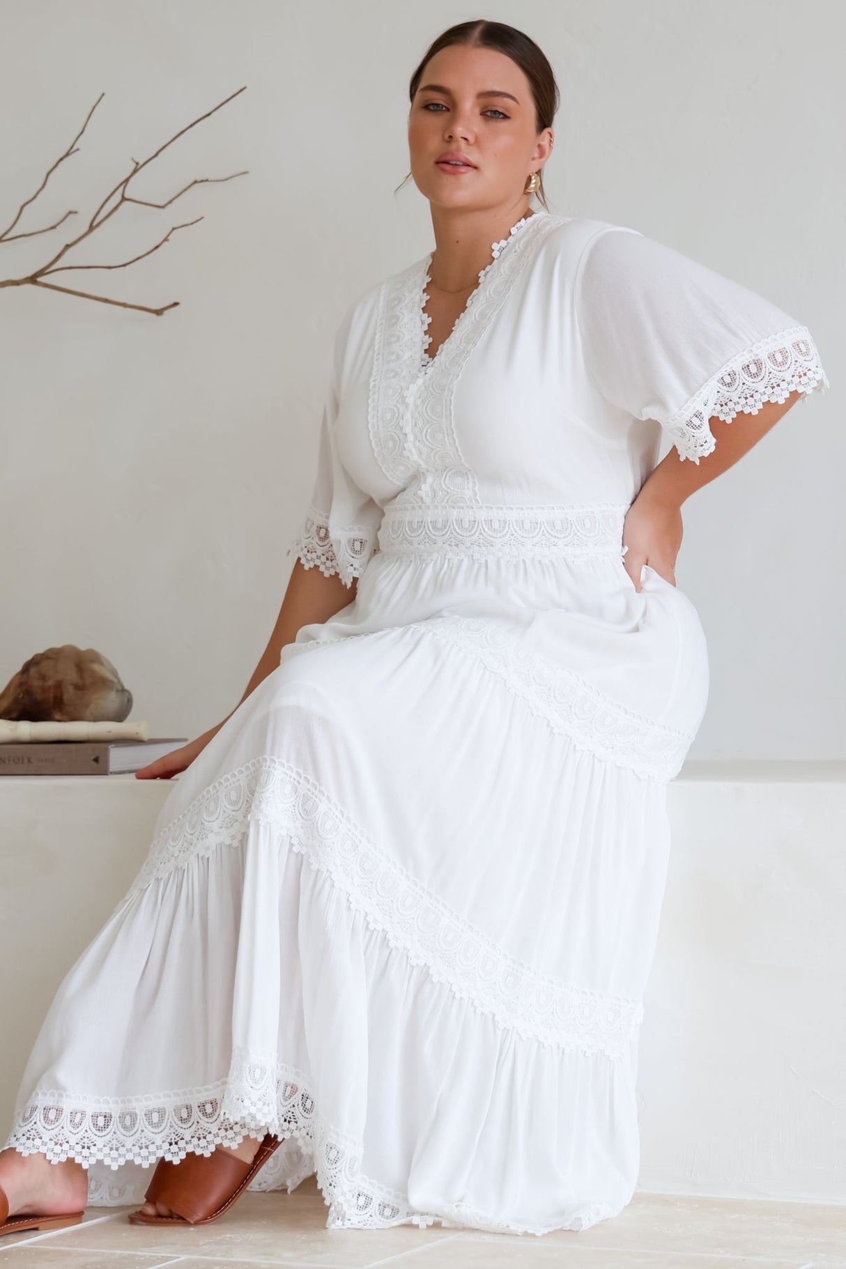 Peony Maxi Dress - Lace Detailed A Line Dress with Flute Sleeves in White