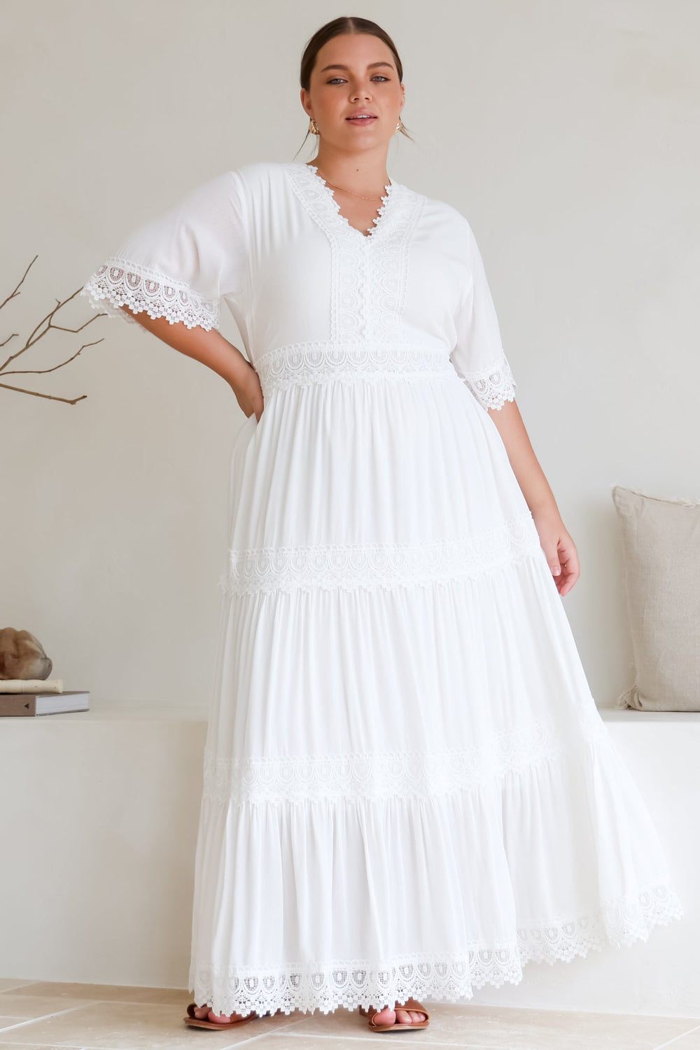 Peony Maxi Dress - Lace Detailed A Line Dress with Flute Sleeves in White