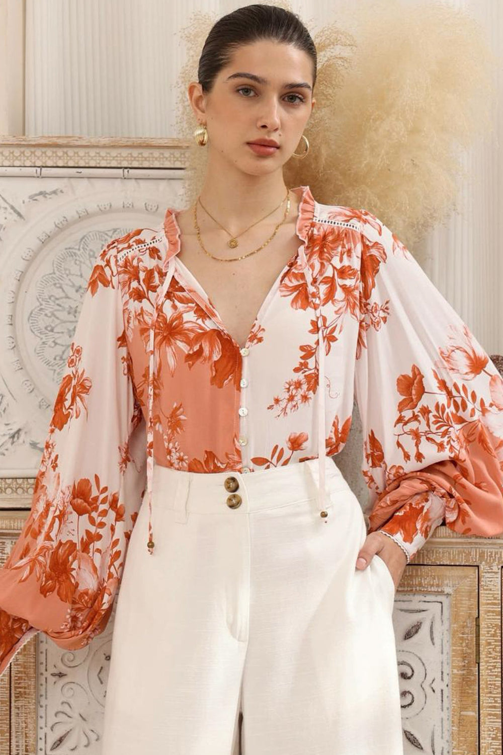 Perrio Blouse - Frill Collar Button Down Balloon Sleeve Shirt in Eryn Print