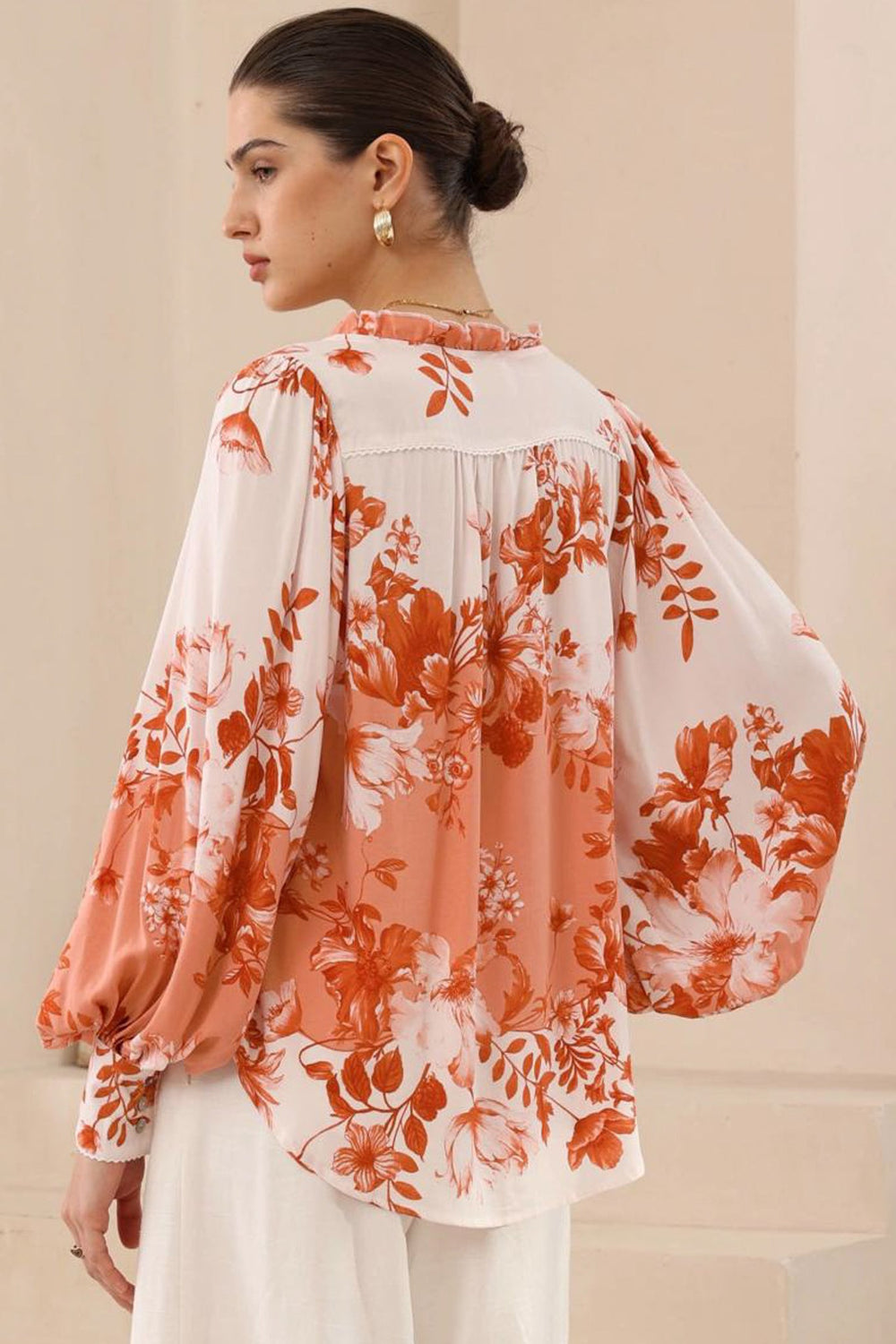 Perrio Blouse - Frill Collar Button Down Balloon Sleeve Shirt in Eryn Print