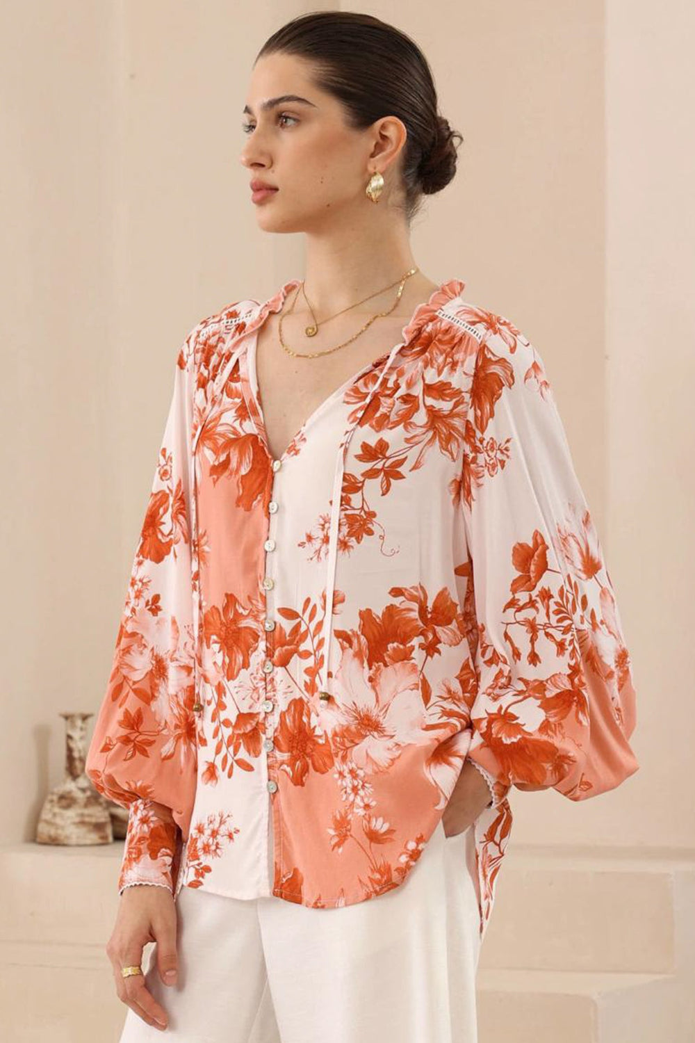 Perrio Blouse - Frill Collar Button Down Balloon Sleeve Shirt in Eryn Print