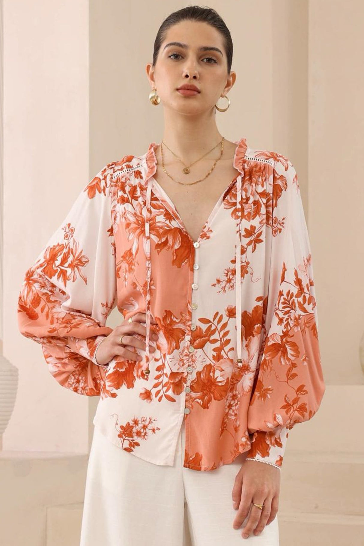 Perrio Blouse - Frill Collar Button Down Balloon Sleeve Shirt in Eryn Print