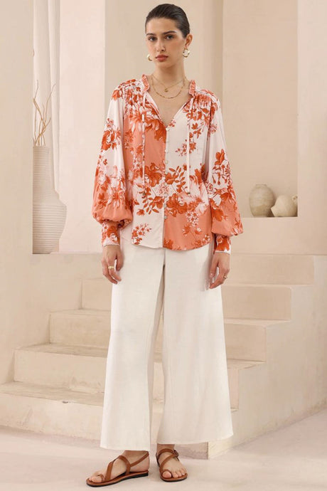 Perrio Blouse - Frill Collar Button Down Balloon Sleeve Shirt in Eryn Print