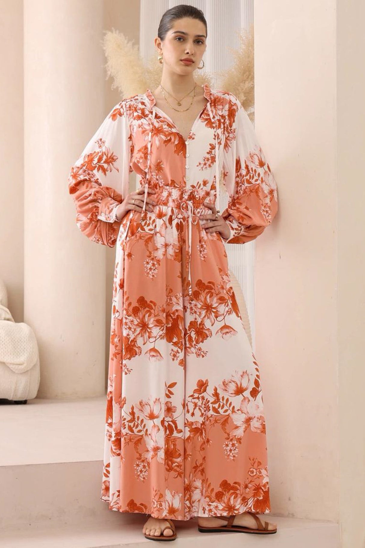 Perrio Blouse - Frill Collar Button Down Balloon Sleeve Shirt in Eryn Print