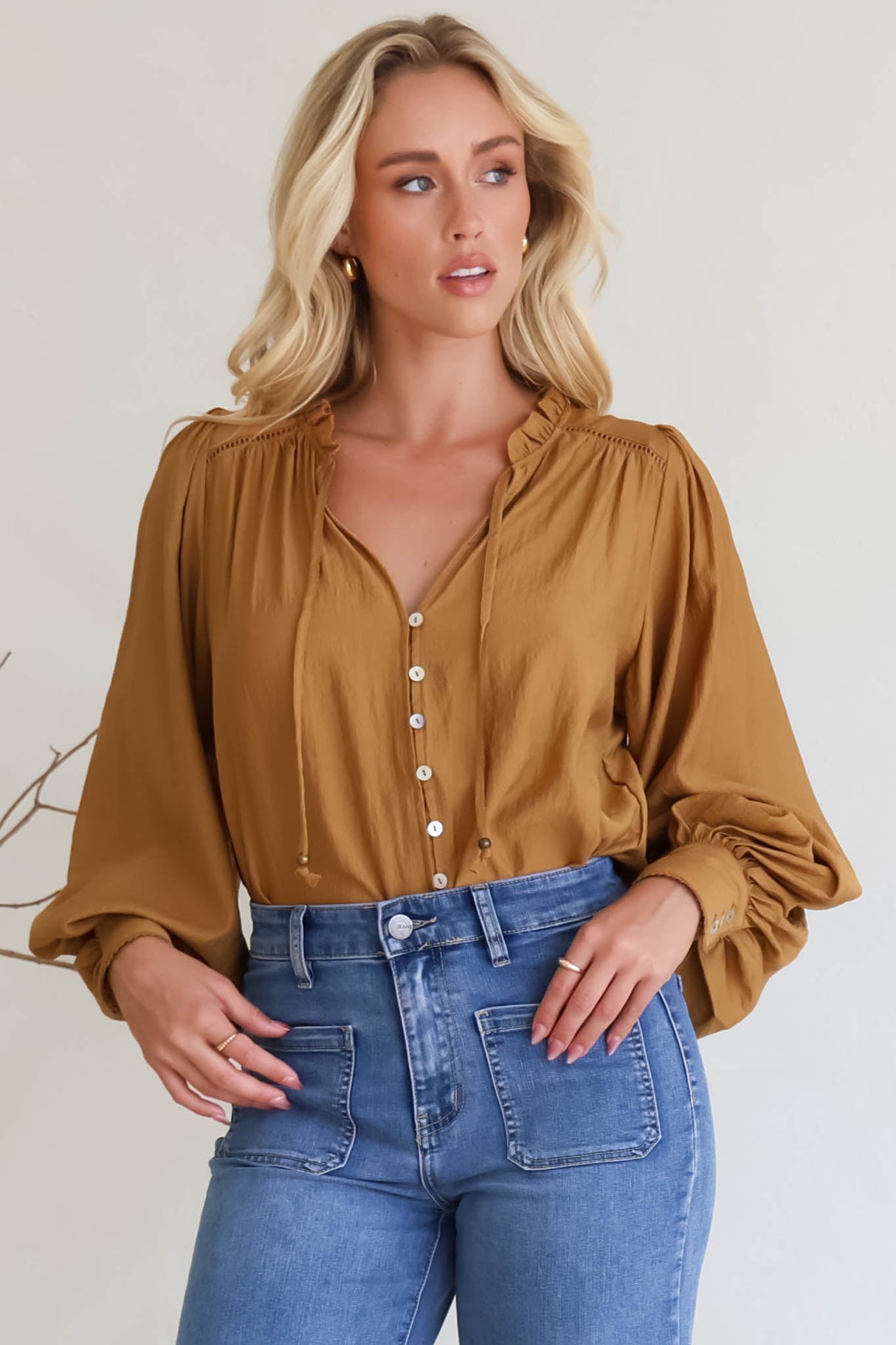Perrio Blouse - Frill Collar Button Down Balloon Sleeve Shirt in Tan