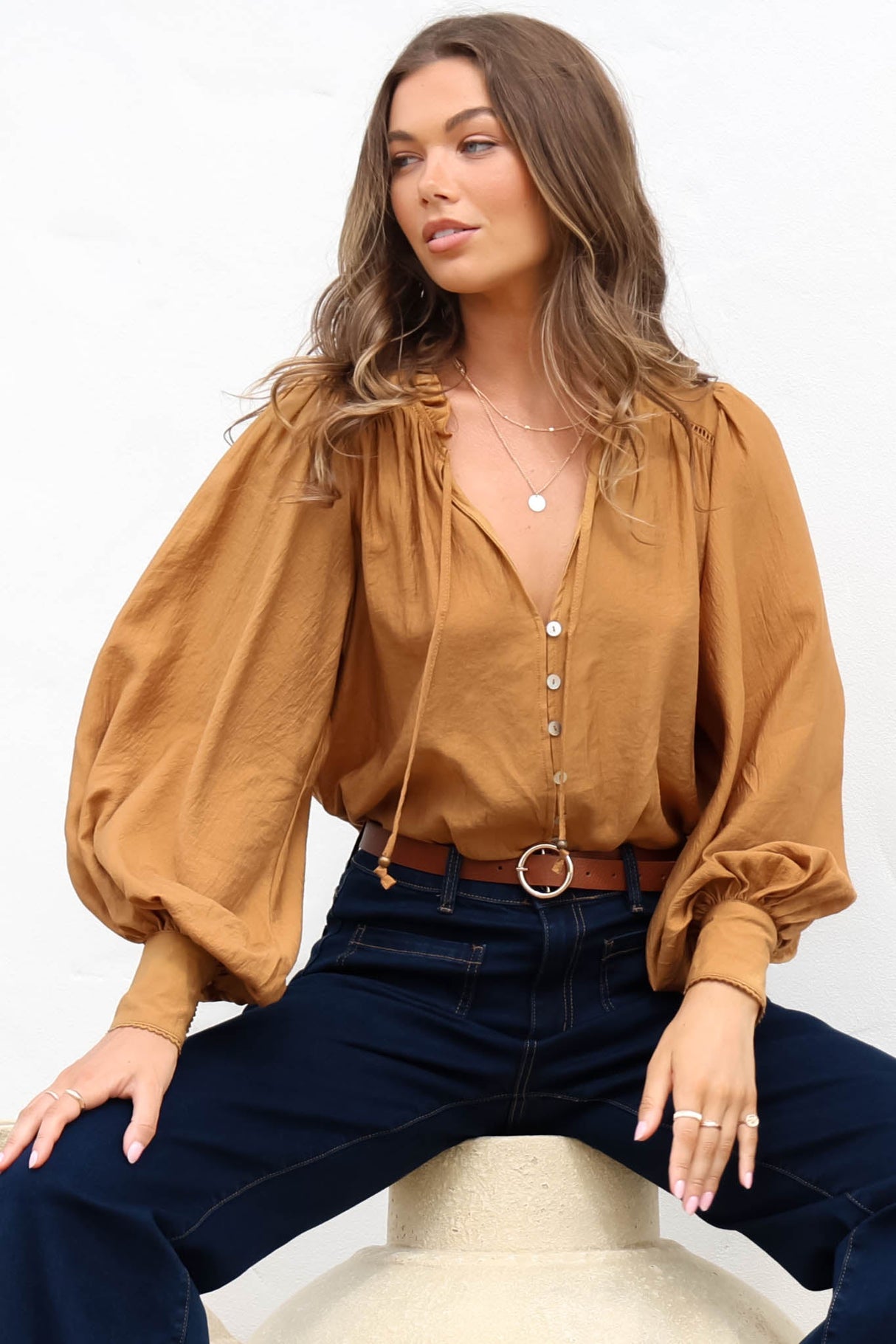 Perrio Blouse - Frill Collar Button Down Balloon Sleeve Shirt in Tan