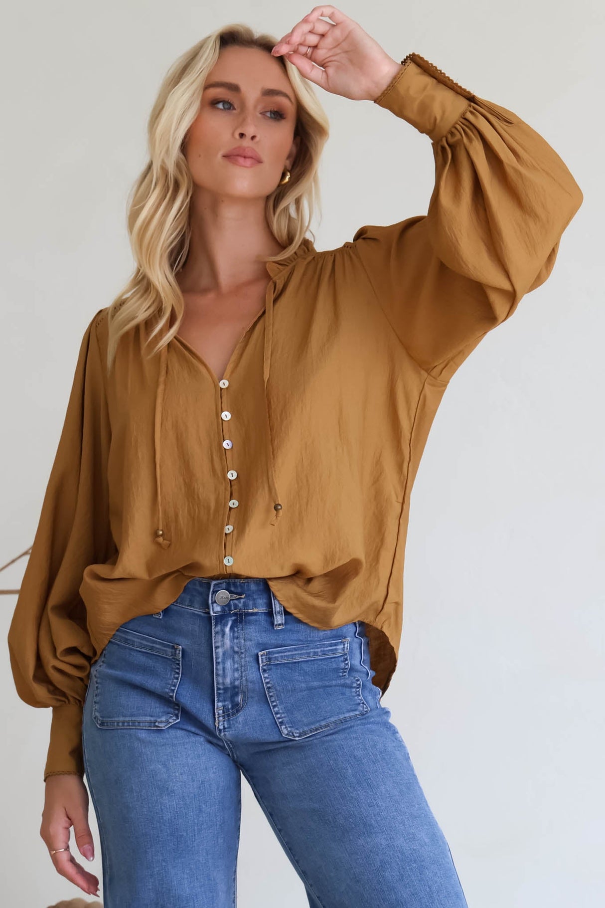 Perrio Blouse - Frill Collar Button Down Balloon Sleeve Shirt in Tan