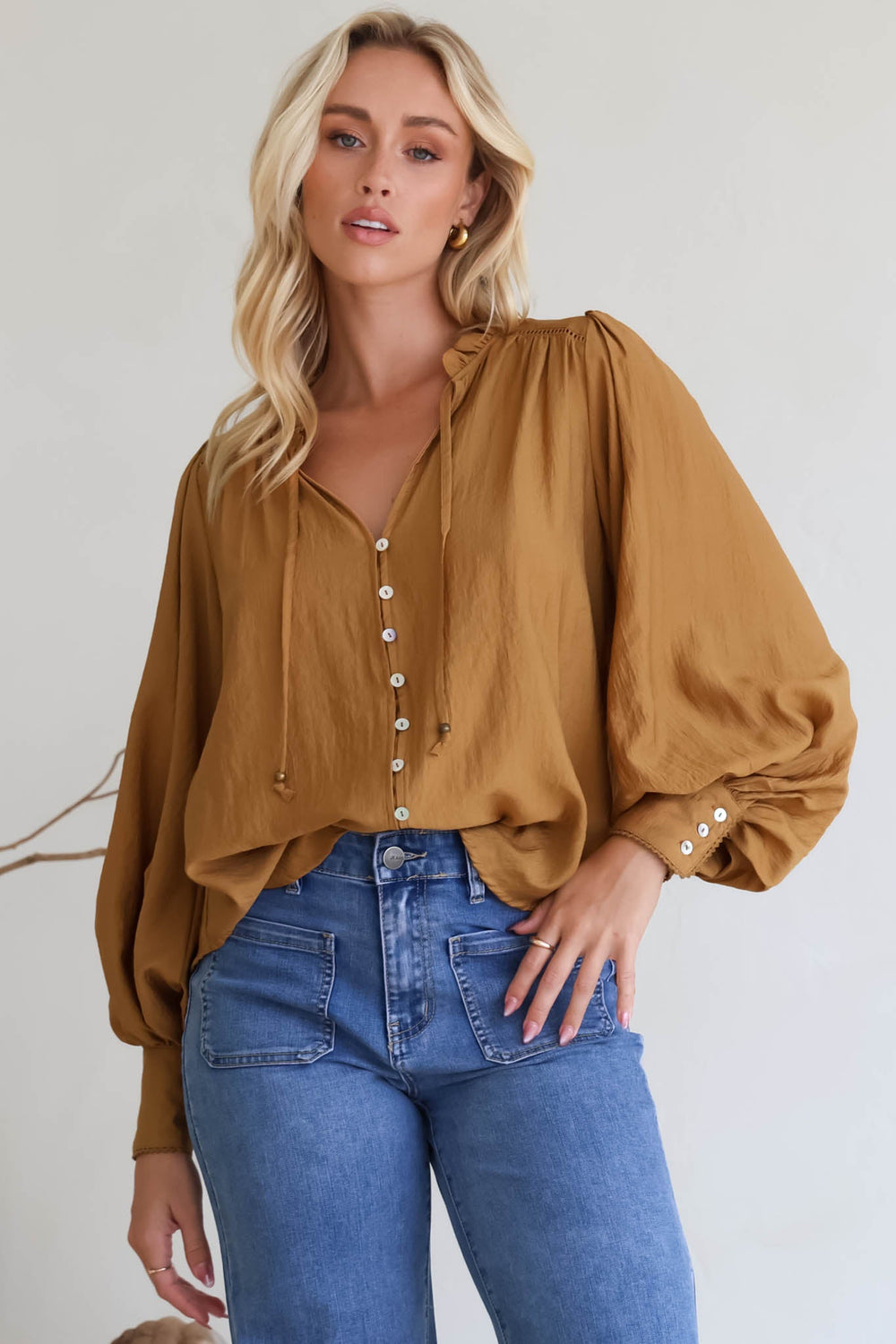 Perrio Blouse - Frill Collar Button Down Balloon Sleeve Shirt in Tan