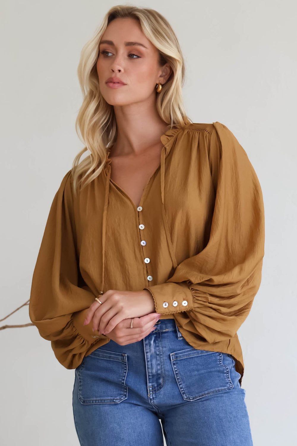 Perrio Blouse - Frill Collar Button Down Balloon Sleeve Shirt in Tan